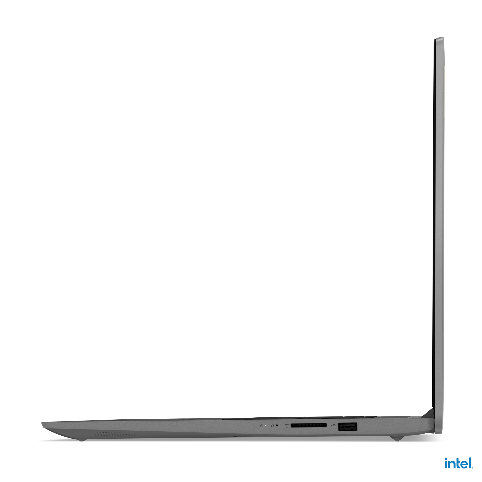 Seitenansicht eines grauen Laptops. Der Bildschirm ist geschlossen. Verschiedene Anschlüsse sind an der Seite sichtbar. Das Intel-Logo befindet sich unten rechts.