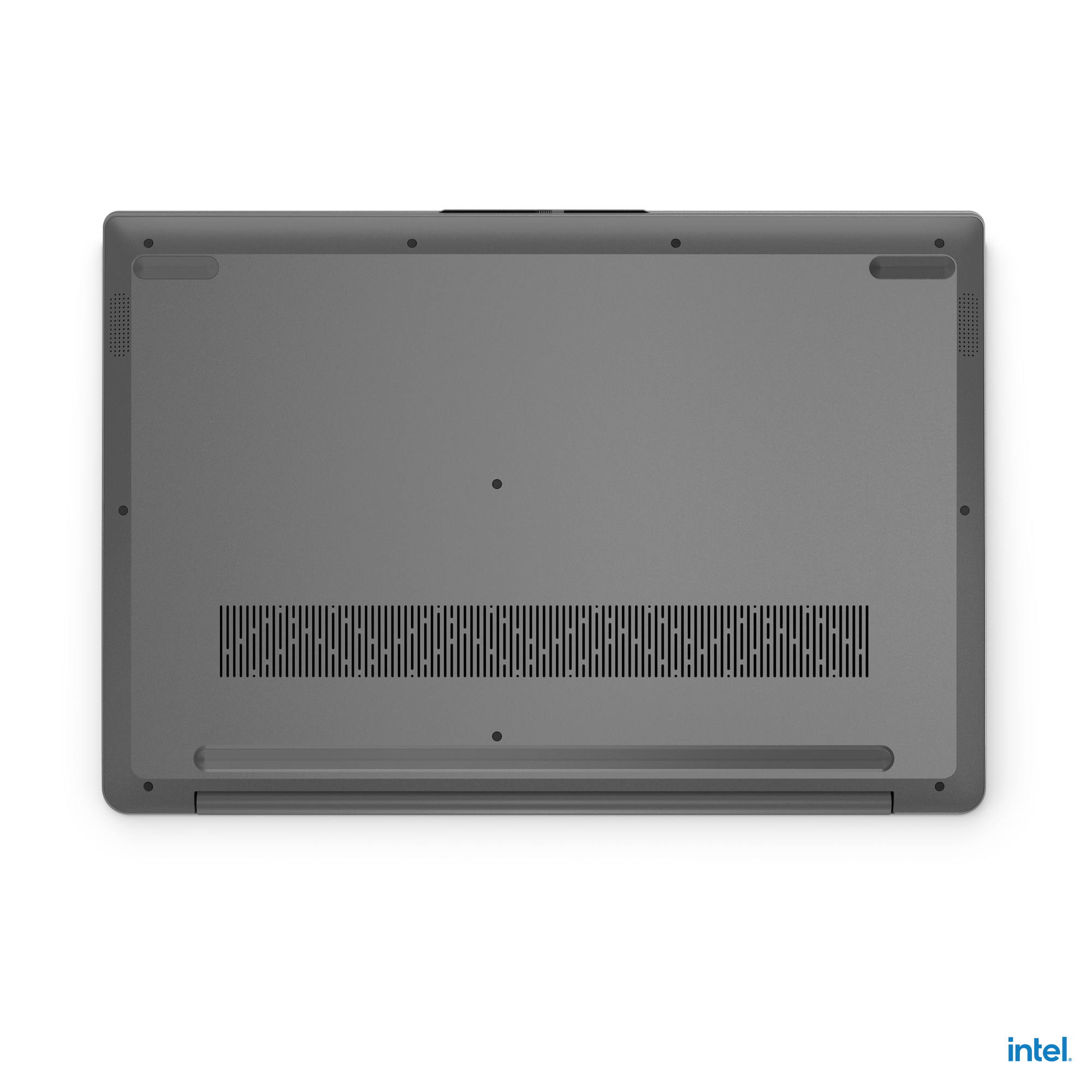 Die Unterseite eines grauen Laptops. Es hat Luftschlitze, Schrauben und ein zentrales Feld mit einem kleinen Punkt.