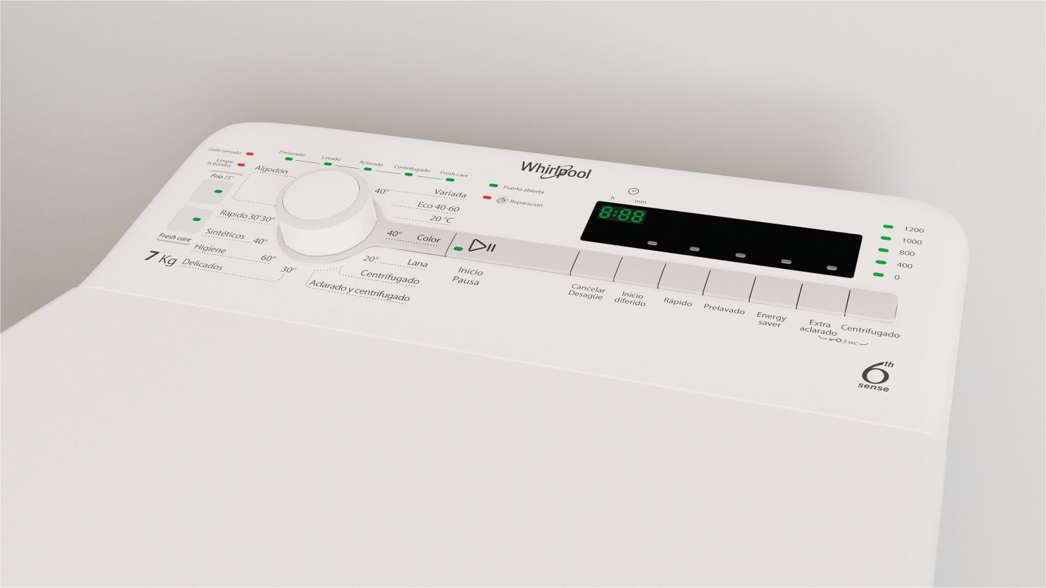 Panel de control blanco de lavadora Whirlpool. Incluye selector de programas, pantalla digital y varios botones.