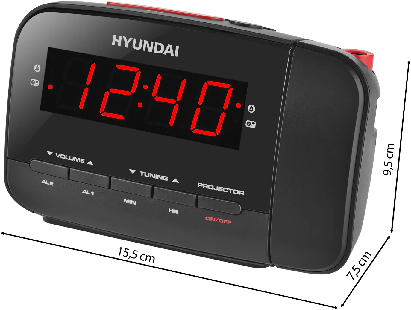 Fekete Hyundai ébresztőóra, piros számokkal 12:40-et mutat. Gombok a hangerőhöz, a hangoláshoz és más funkciókhoz láthatók. Méretek megadva.