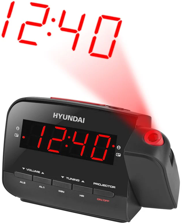 Fekete Hyundai digitális ébresztőóra 12:40-et mutat. Az idő pirosan van kivetítve. Gombok: hangerő, hangolás és projektor.