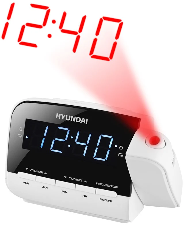 Egy fehér Hyundai digitális óra 12:40-et mutat. Az idő pirossal van kivetítve. Gombok: hangerő, hangolás és projektor.