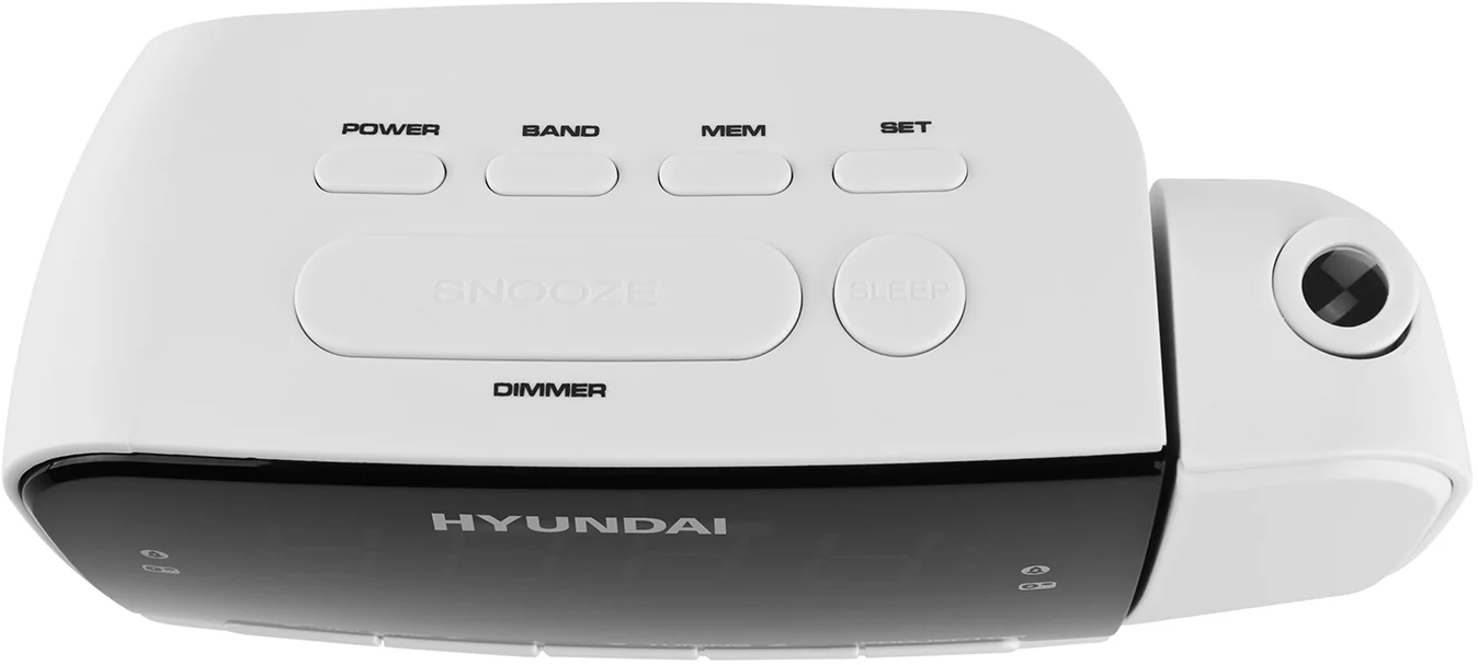 Fehér-fekete Hyundai ébresztőóra Power, Band, Mem, Set, Szundi, Alvás, Dimmer gombokkal.