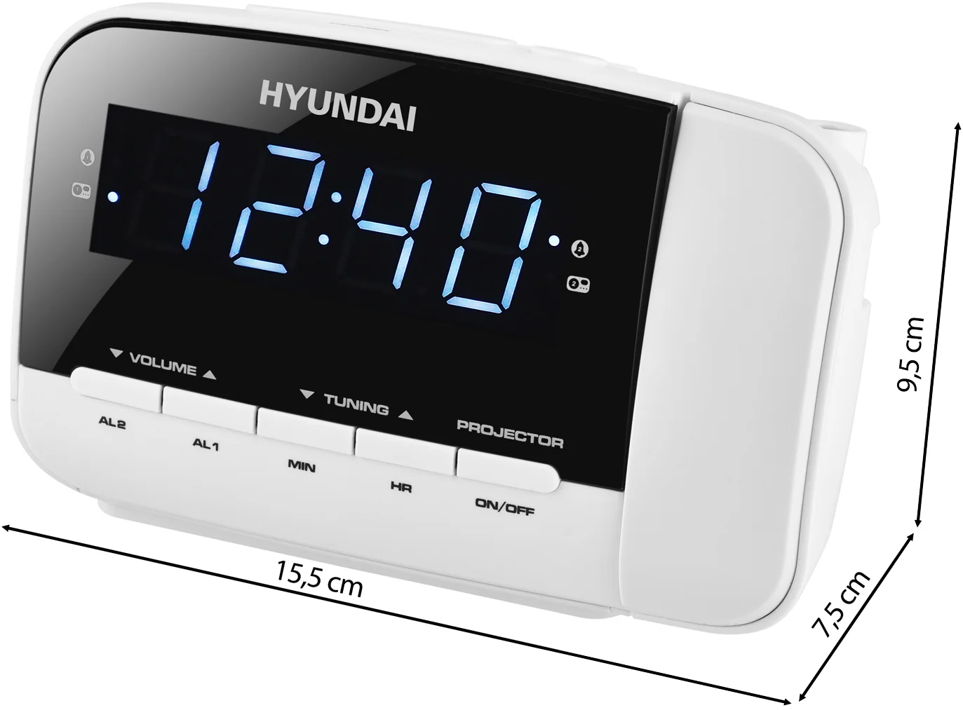 Egy fehér Hyundai digitális ébresztőóra 12:40-et mutat. Gombok a hangerőhöz, hangoláshoz és a projektorhoz. Méretek is.