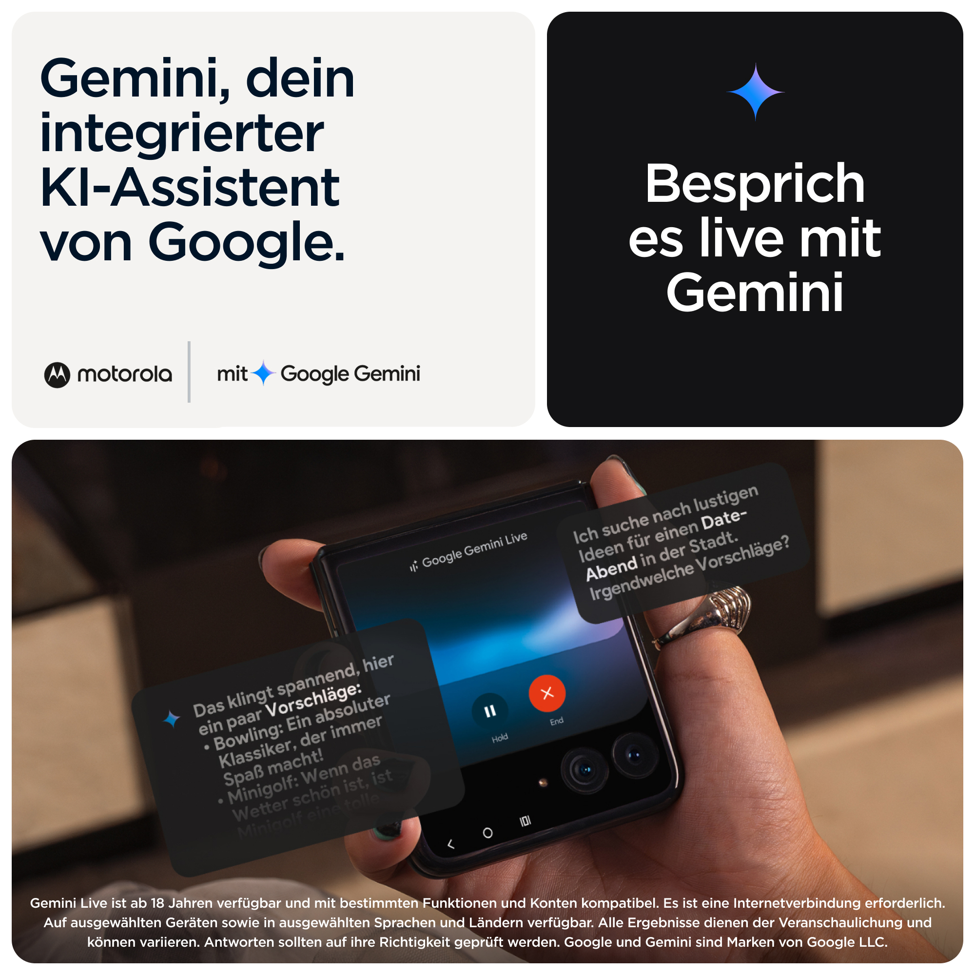 Eine Person hält ein Telefon mit Google Gemini Live. Textblasen schlagen Date-Ideen vor: Bowling, Minigolf, auf Deutsch.