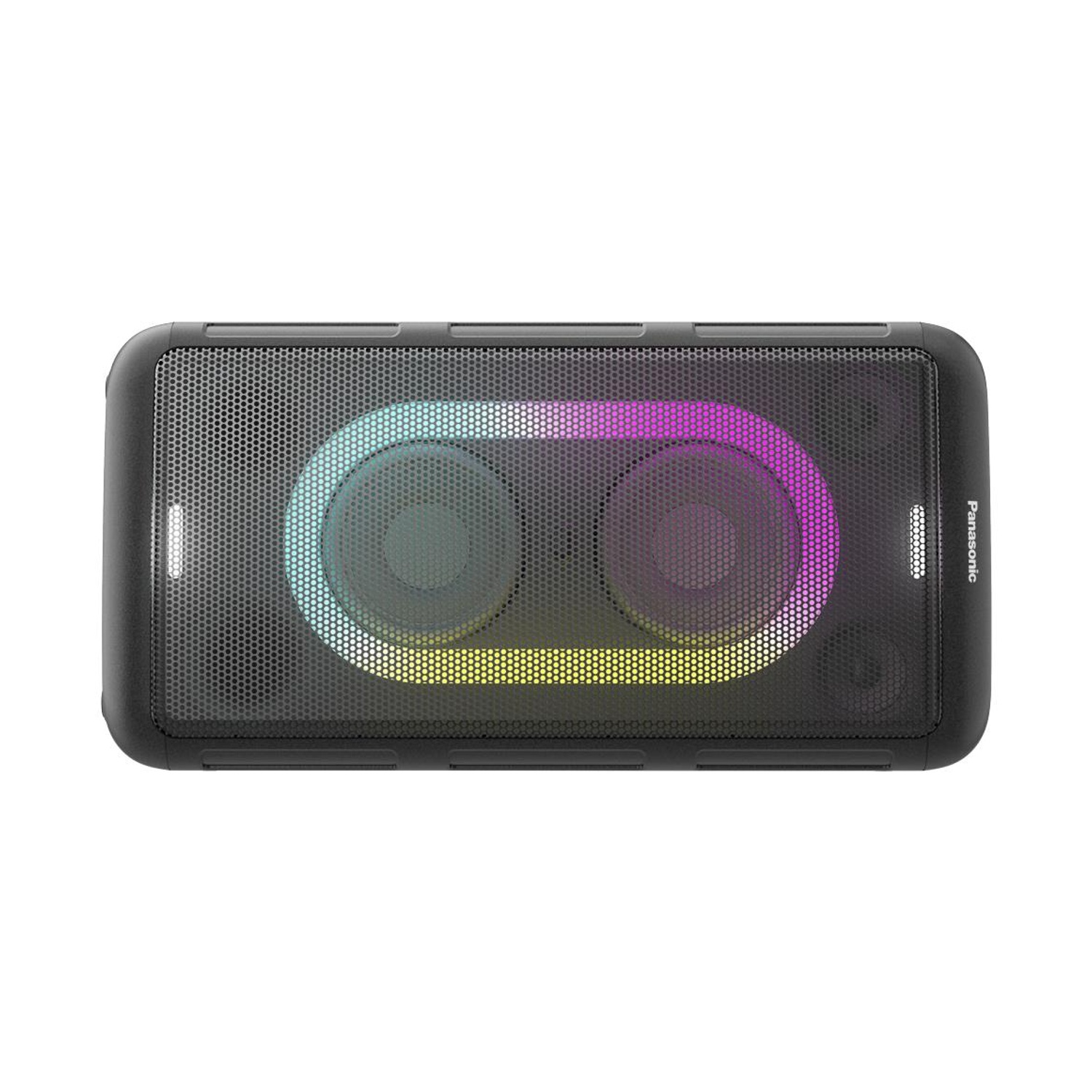 Un altoparlante Panasonic nero con una griglia frontale. Ha due luci circolari per altoparlanti che cambiano colore.