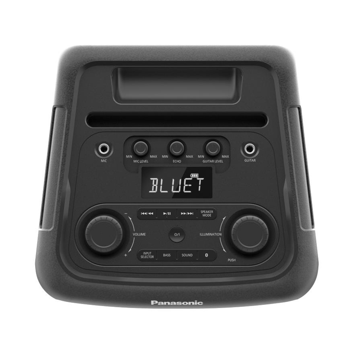 Un altoparlante Panasonic nero con diversi pulsanti, manopole e un display digitale che mostra 'BLUET'.