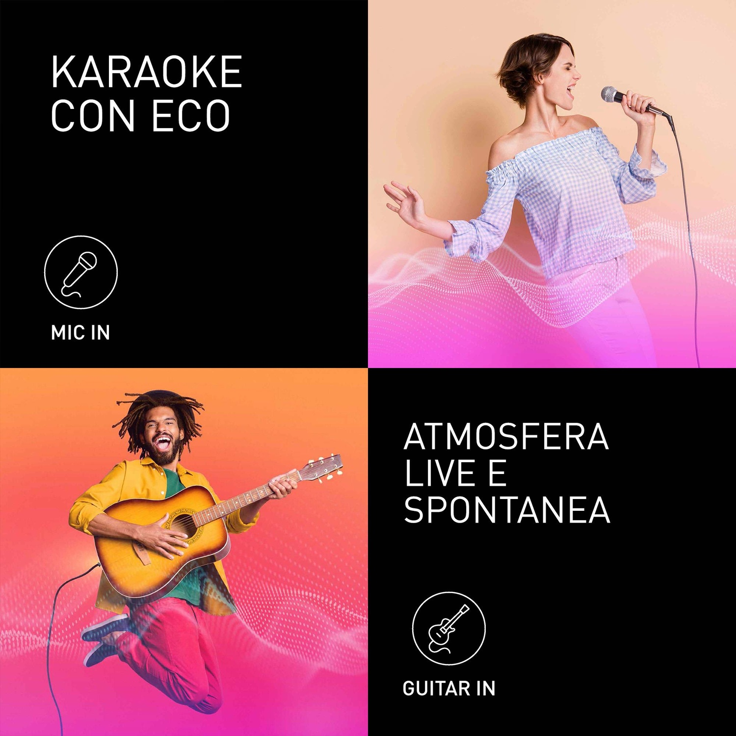 L'immagine mostra il tema del karaoke. Una donna canta, un uomo suona la chitarra. I testi dicono 'Karaoke con eco', 'Mic in' e 'Atmosfera live e spontanea'.