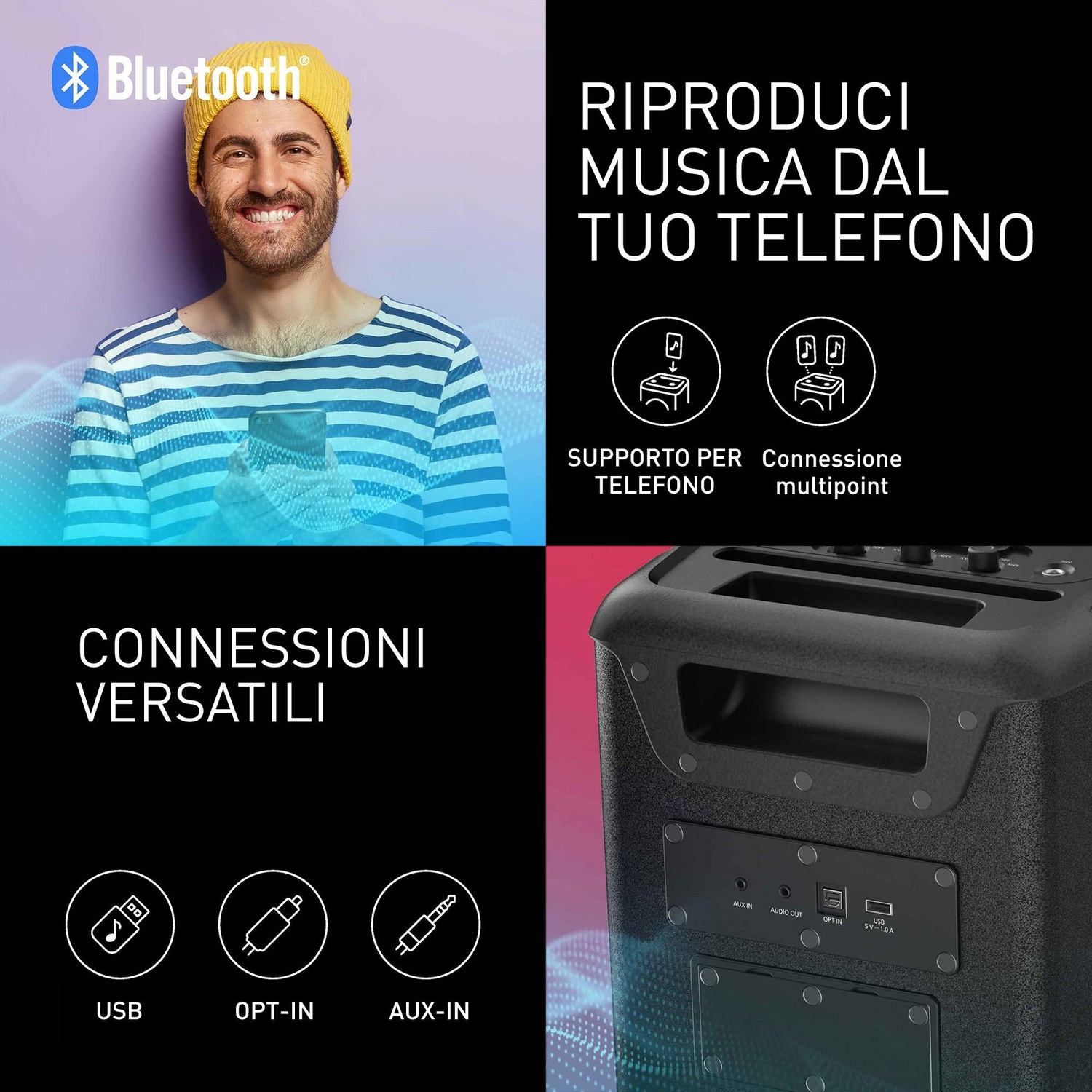 Un uomo con berretto giallo e camicia a righe sorride. L'immagine mostra anche un altoparlante e del testo sulla riproduzione musicale e le connessioni.