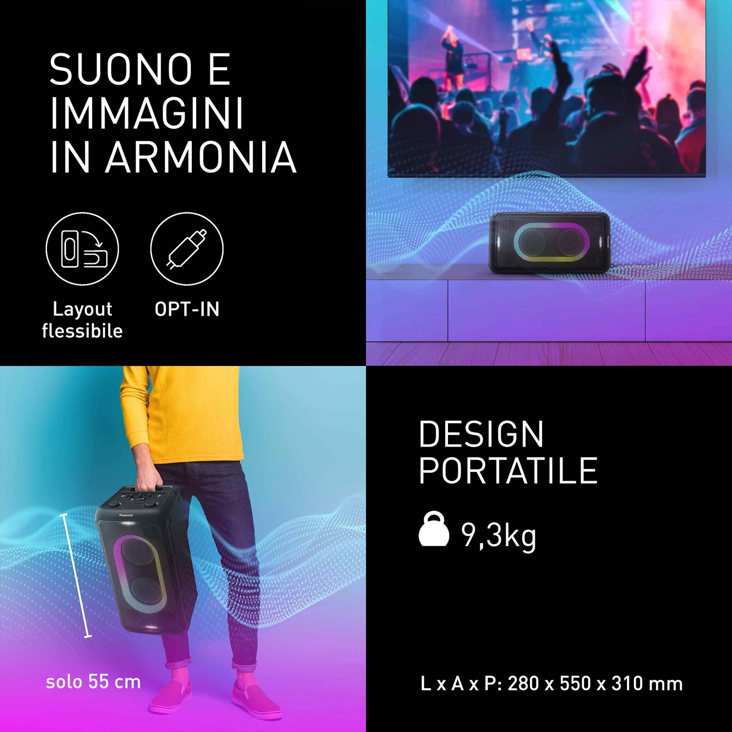 Un uomo tiene in mano un altoparlante nero. Il testo dice 'Suono e immagini in armonia'. Caratteristiche: 'Layout flessibile' e 'OPT-IN'.