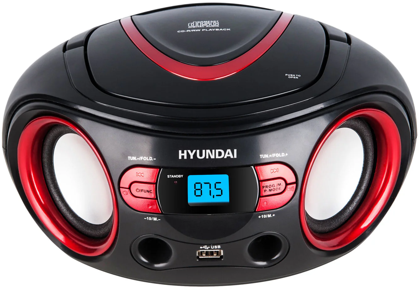 Egy fekete-piros Hyundai boombox. Digitális kijelzője 87,5-öt mutat. A hangszórók az oldalakon vannak.