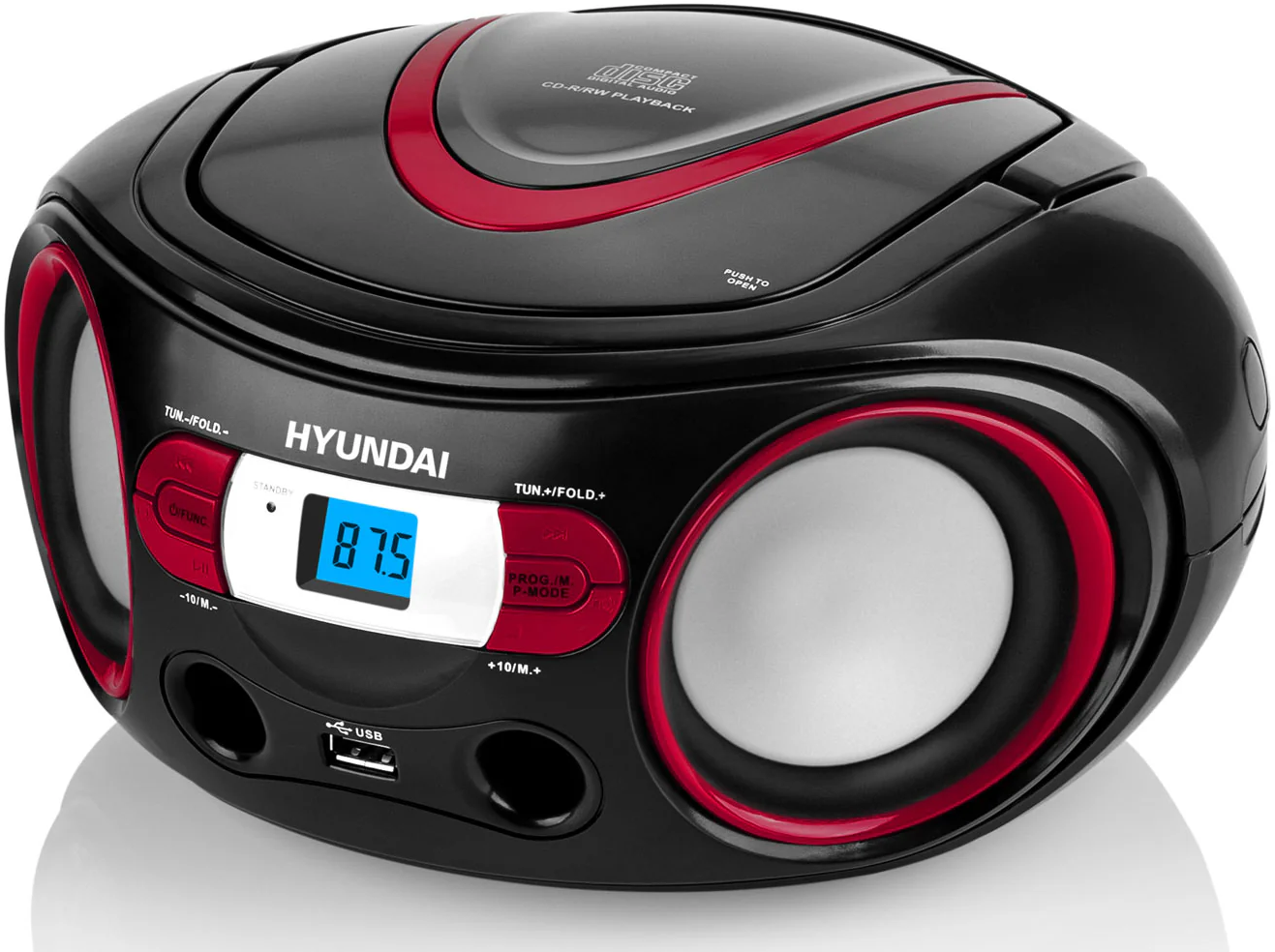 Fekete és piros Hyundai CD-lejátszó. Digitális kijelzőjén 87,5 látható. Hangszórók és USB port látható.