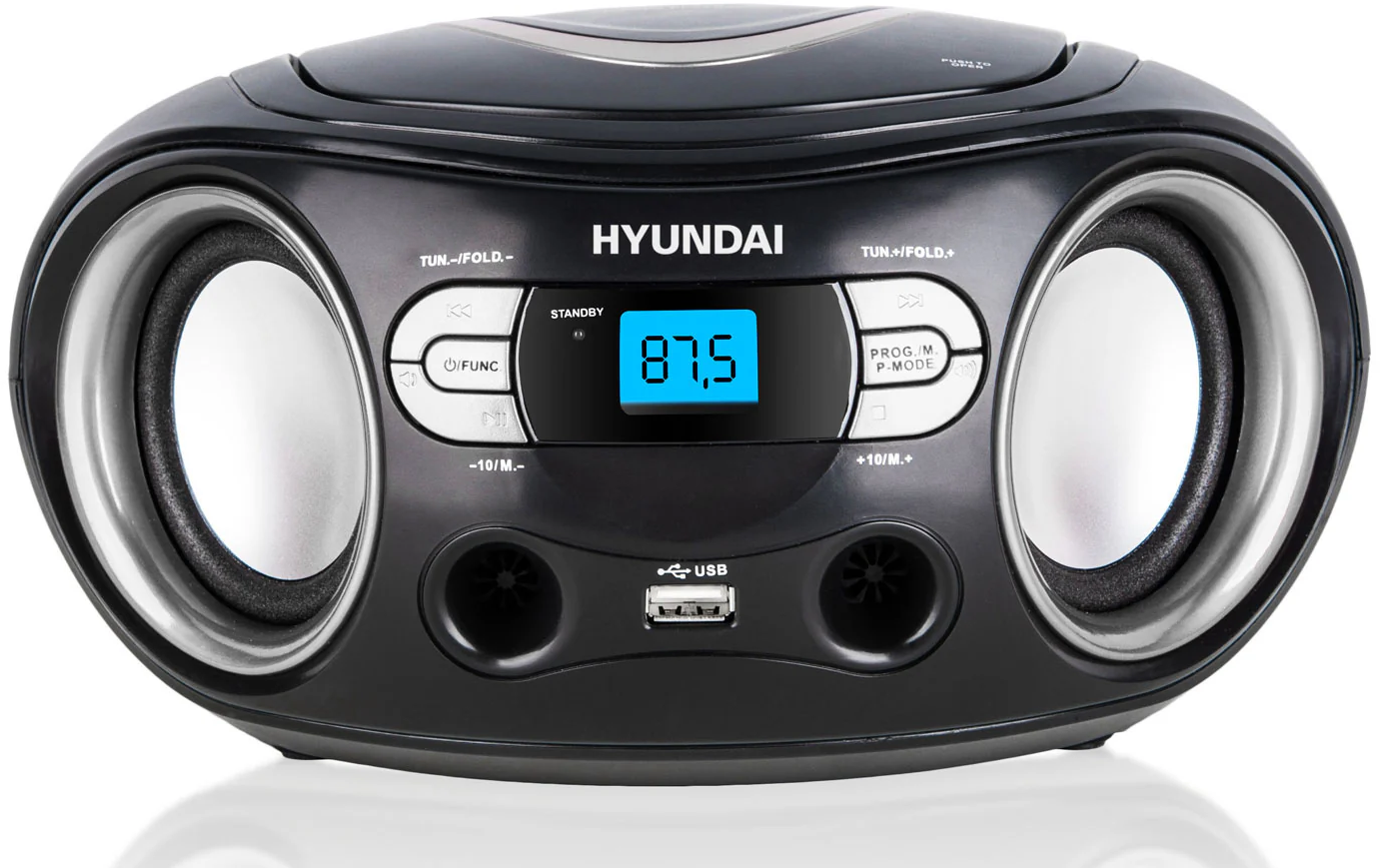 Fekete Hyundai rádió hangszórókkal mindkét oldalon, digitális kijelző 87,5-tel, USB porttal.