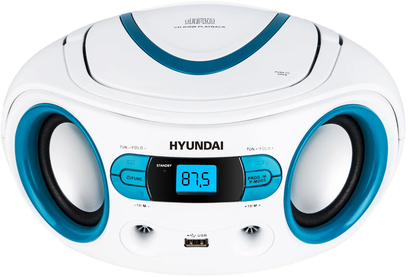 Egy fehér és kék Hyundai boombox. Hangszórói, gombjai és egy 87,5-öt mutató digitális kijelzője van.