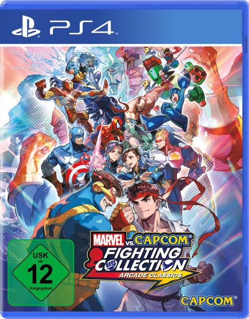 Marvel vs. Capcom-Kampfspiel-Cover. Enthält zahlreiche Charaktere, darunter Captain America, Spider-Man und Ryu. Das Cover hat einen blauen Hintergrund.