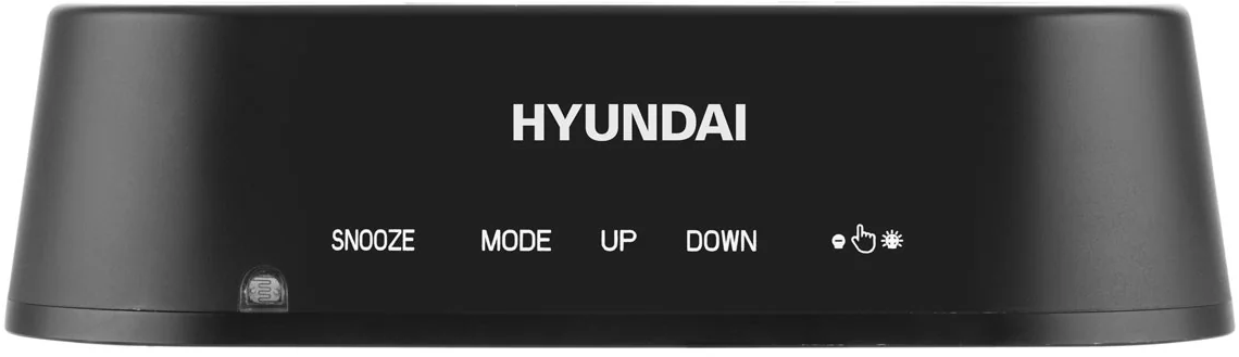 Fekete Hyundai digitális óra. Szundi, mód, fel, le gombok, és fényerőszabályozók találhatók.