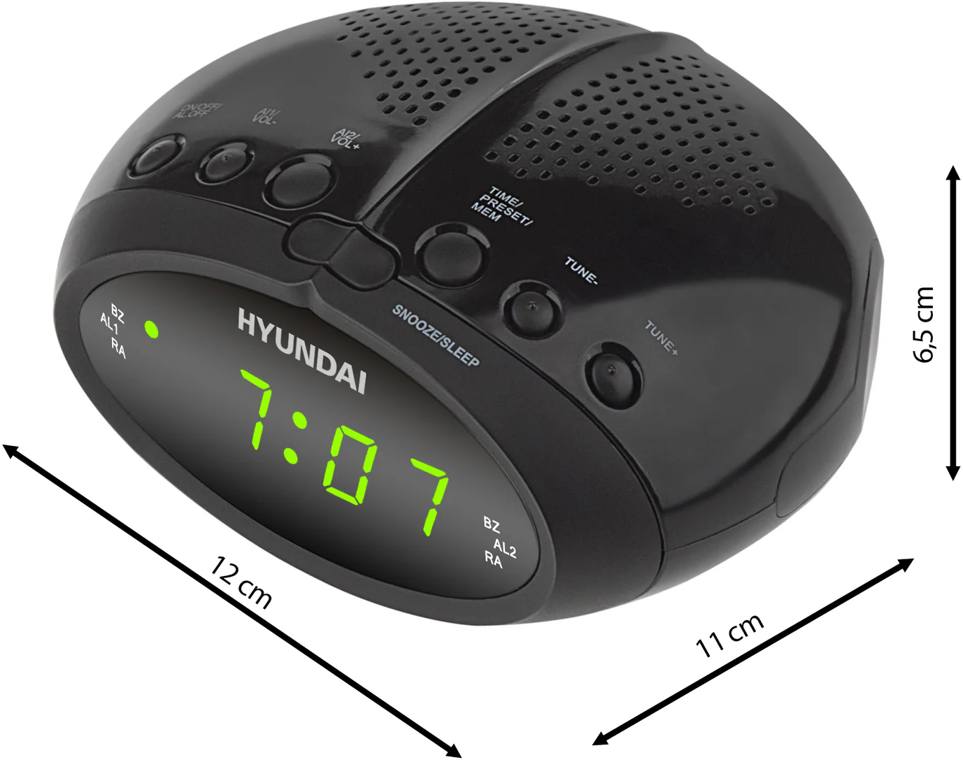 Fekete Hyundai digitális ébresztőóra 7:07-et mutat. Van rajta rádió, idő és ébresztő beállító gombok. A méretek jelölve vannak.