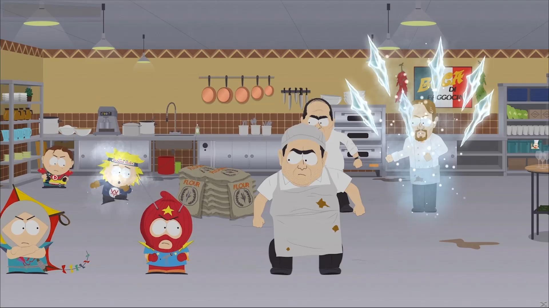 South Park-Charaktere in einer Küche. Köche und Superhelden sind anwesend. Blitzeffekte sind sichtbar. Mehlsäcke und Küchenutensilien sind im Hintergrund.