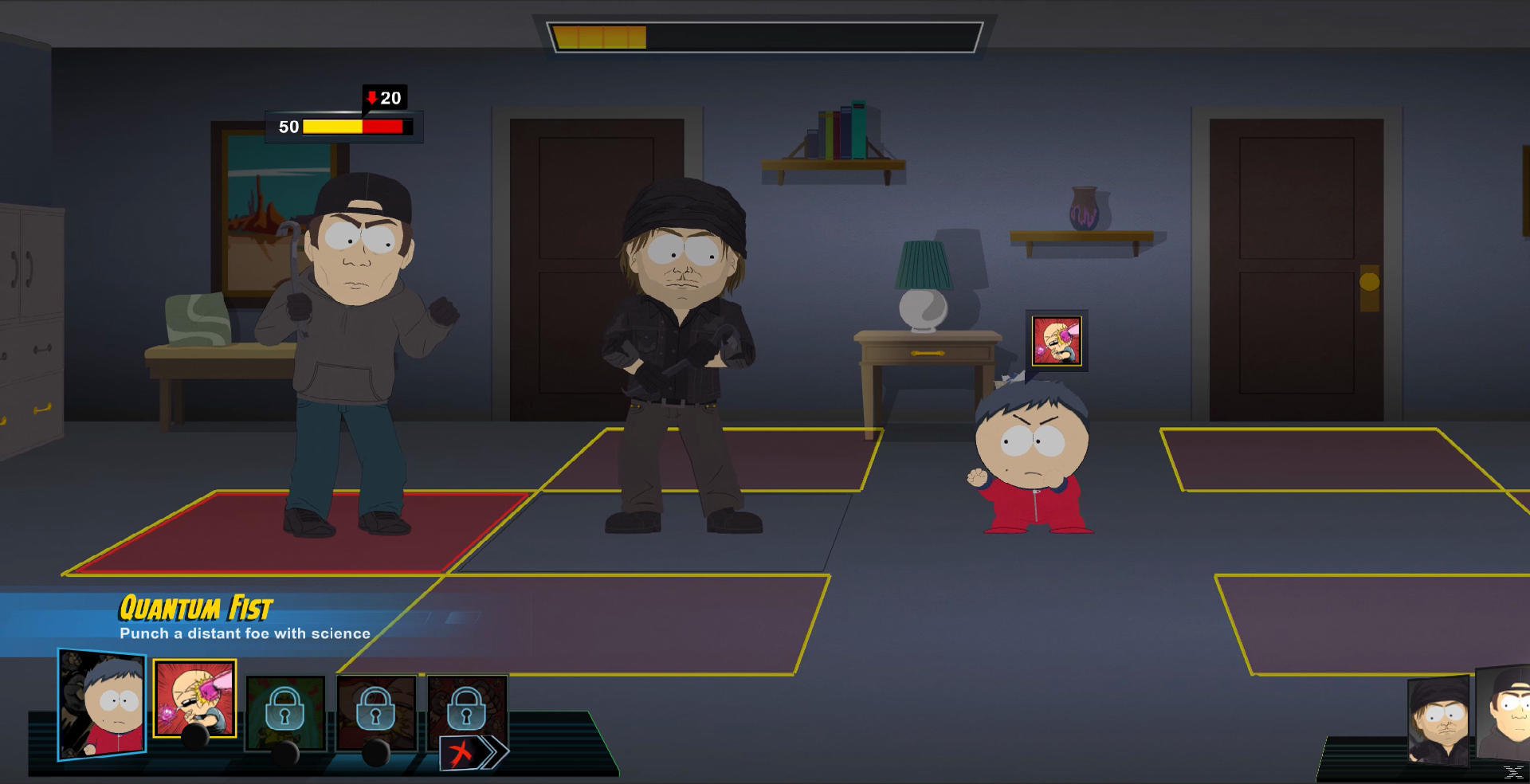 South Park Spielszene. Drei Charaktere sind in einem Raum. Einer trägt eine schwarze Kappe. Ein anderer trägt eine schwarze Jacke.