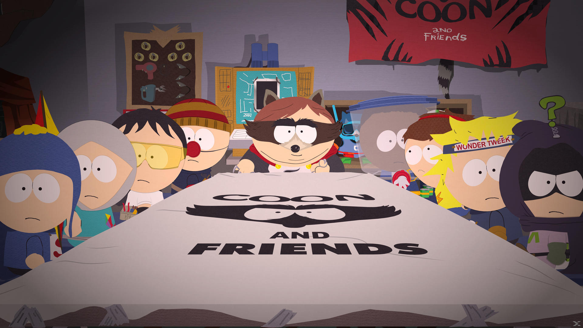 Eine Gruppe kostümierter Kinder, darunter The Coon, versammelt sich um einen Tisch mit der Aufschrift "Coon and Friends".