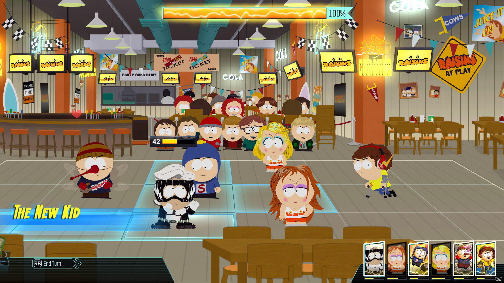 South Park-Szene mit Charakteren in einer Bar. Raisins-Schilder, Barhocker und Tische sind sichtbar. Das neue Kind ist im Vordergrund.