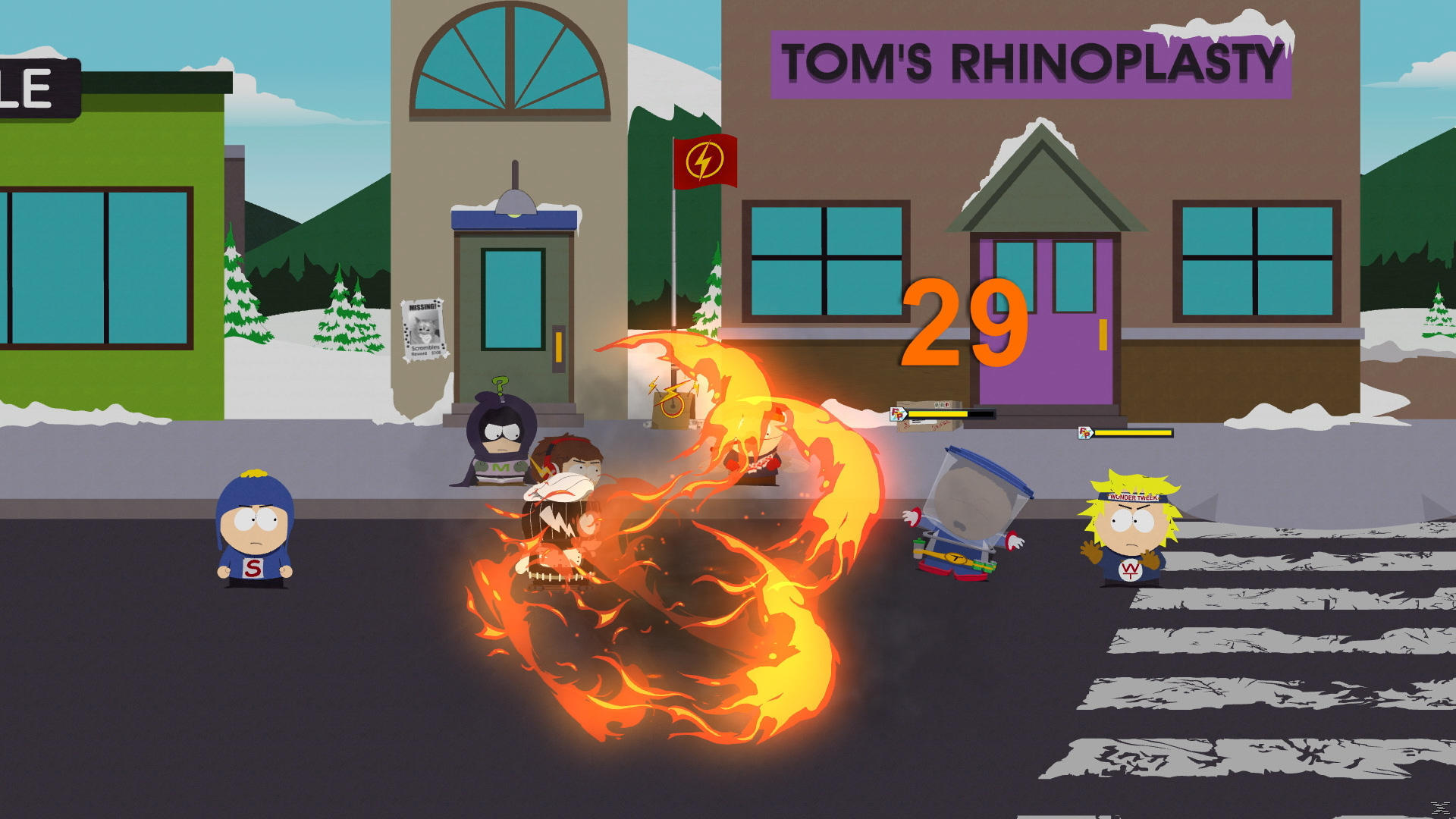 South Park Szene. Charaktere kämpfen. Feuer umgibt eine Figur. Gebäude und eine Straße sind im Hintergrund. Die Zahl 29 ist sichtbar.