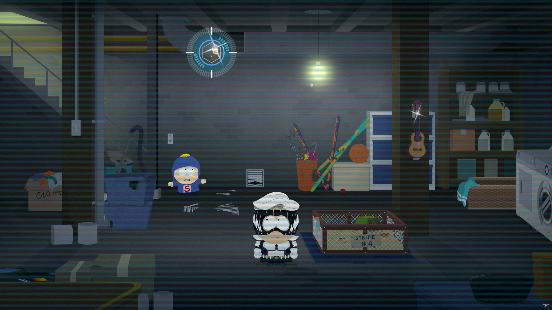 Kellerszene aus South Park. Zu den Charakteren gehören Super Craig und Stripe #4. Die Szene enthält Skier, einen Basketball und eine Gitarre.