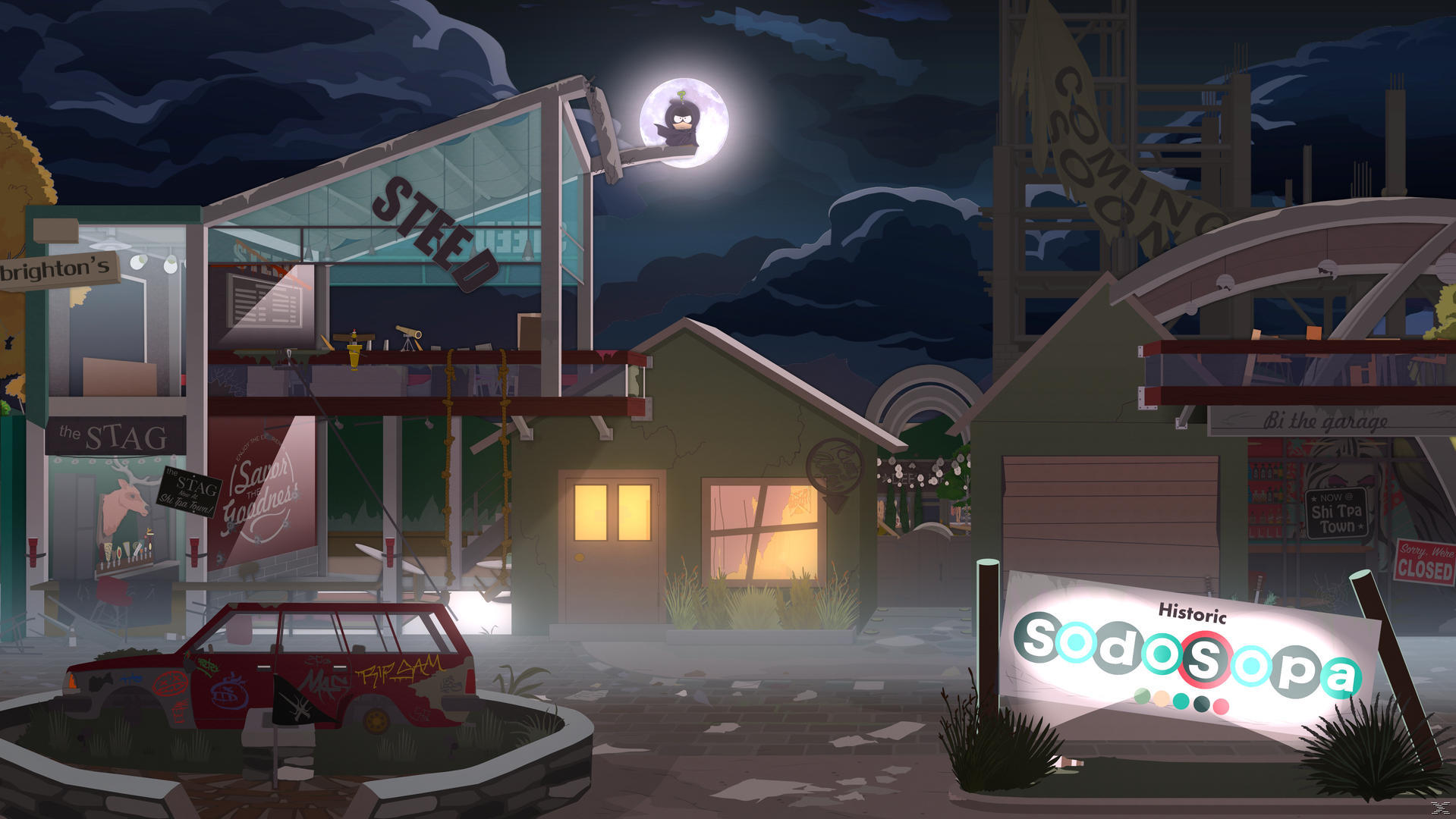 Nachtszenen einer Stadt mit Vollmond. Zu den Gebäuden gehören eine Bar, ein Geschäft und ein Schild "Historic Sodosopa". Im Vordergrund steht ein Auto.