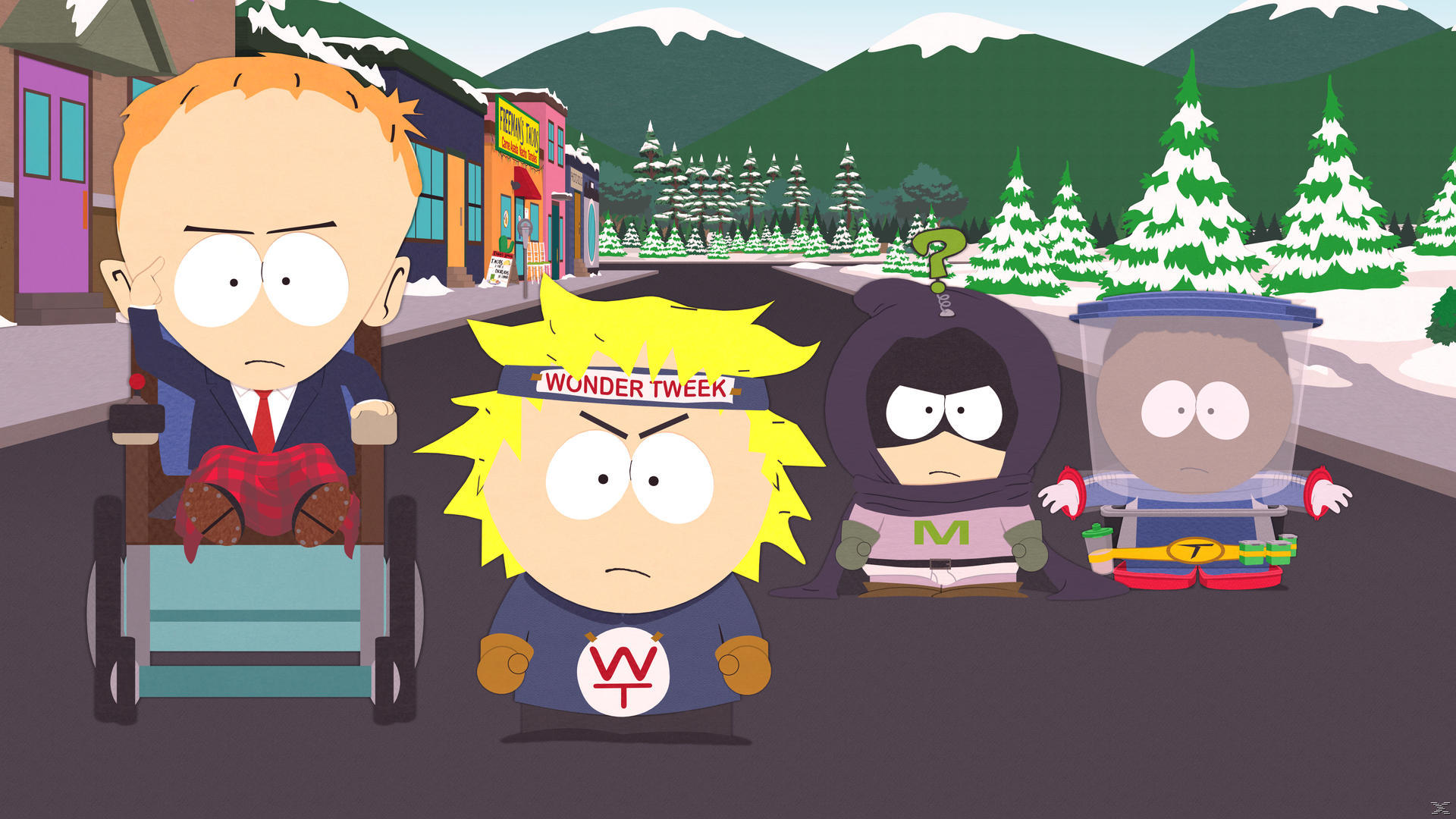 South Park-Charaktere: Timmy im Rollstuhl, Wonder Tweek, Mysterion und Mosquito. Im Hintergrund sind schneebedeckte Berge und Gebäude zu sehen.