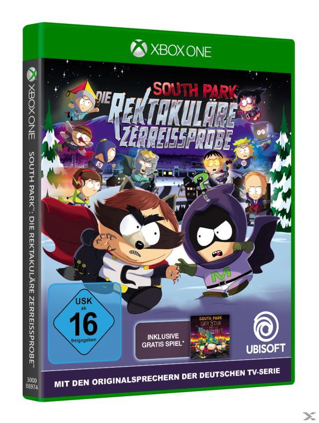 South Park Spielbox. Charaktere sind mit dem Titel "Die Rektakuläre Zerreissprobe" abgebildet. Xbox One Logo und Altersfreigabe sind sichtbar.