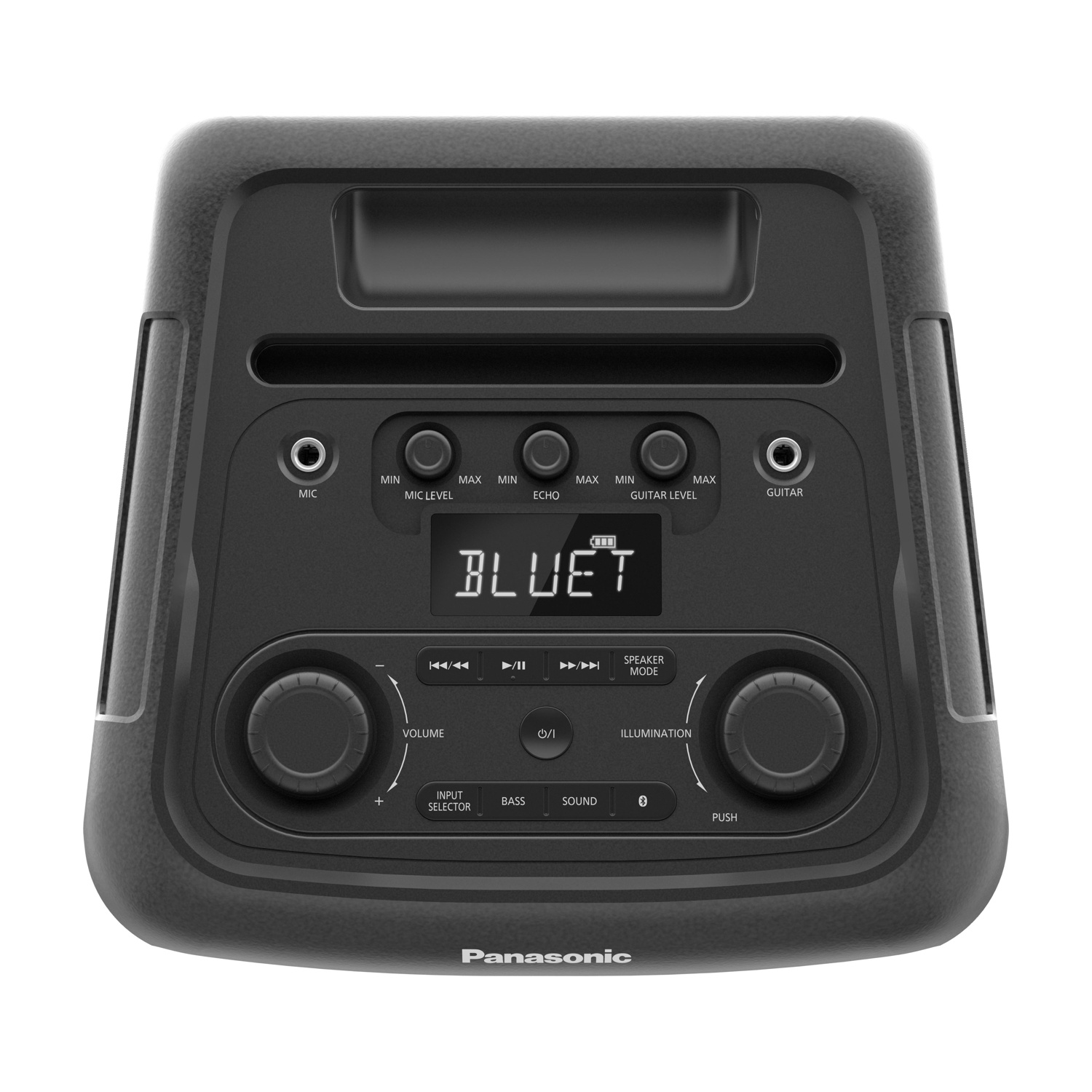 Altoparlante Panasonic nero. Include comandi volume, selezione ingresso e illuminazione. Ha ingressi per microfono e chitarra.
