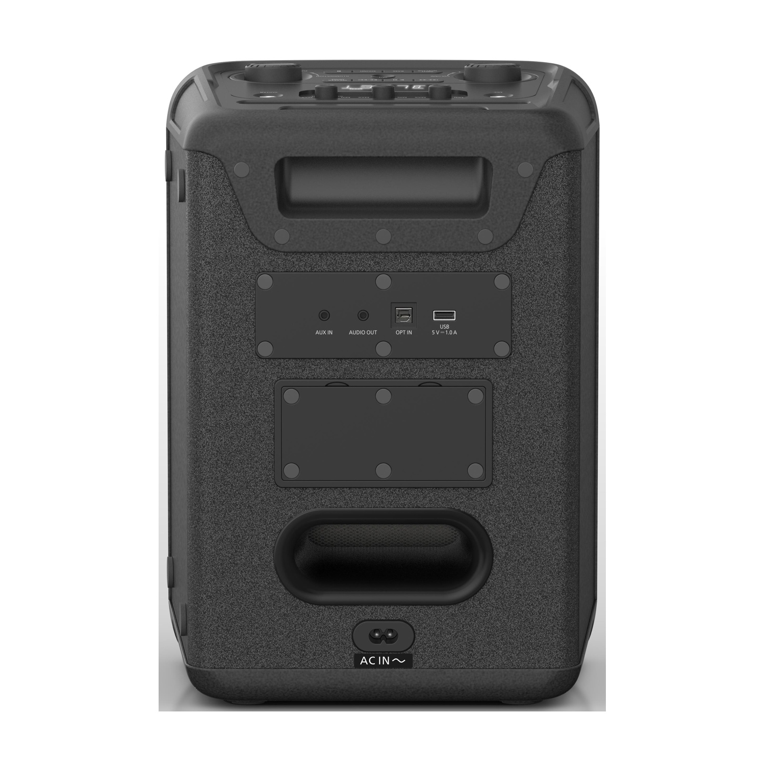 Vista posteriore di un altoparlante nero. Dispone di aux in, audio out, USB e ingresso di alimentazione. Pannello di controllo in alto.