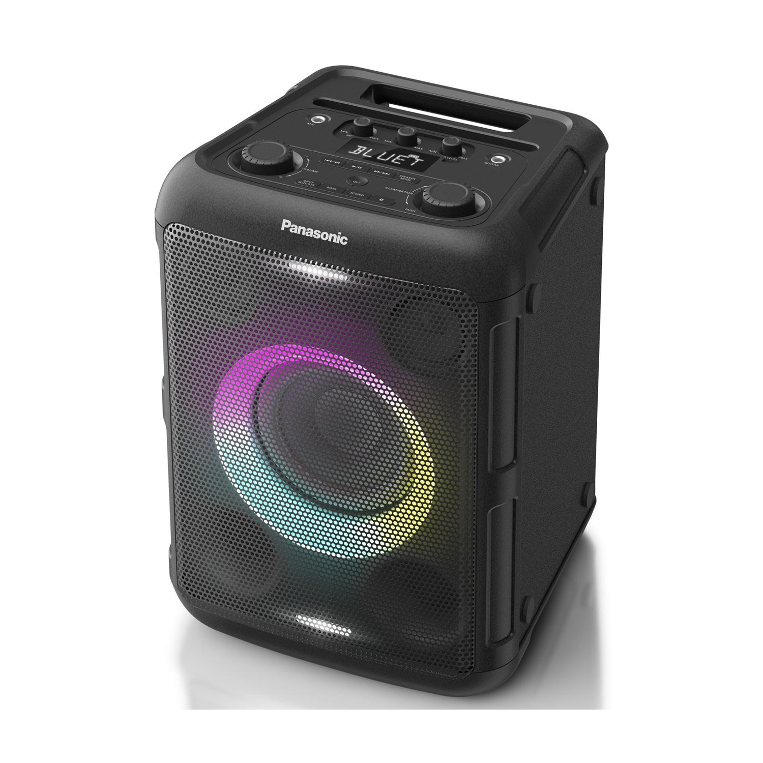 Altoparlante Bluetooth Panasonic nero con centro illuminato colorato. Presenta pulsanti e una maniglia. L'altoparlante è su sfondo bianco.