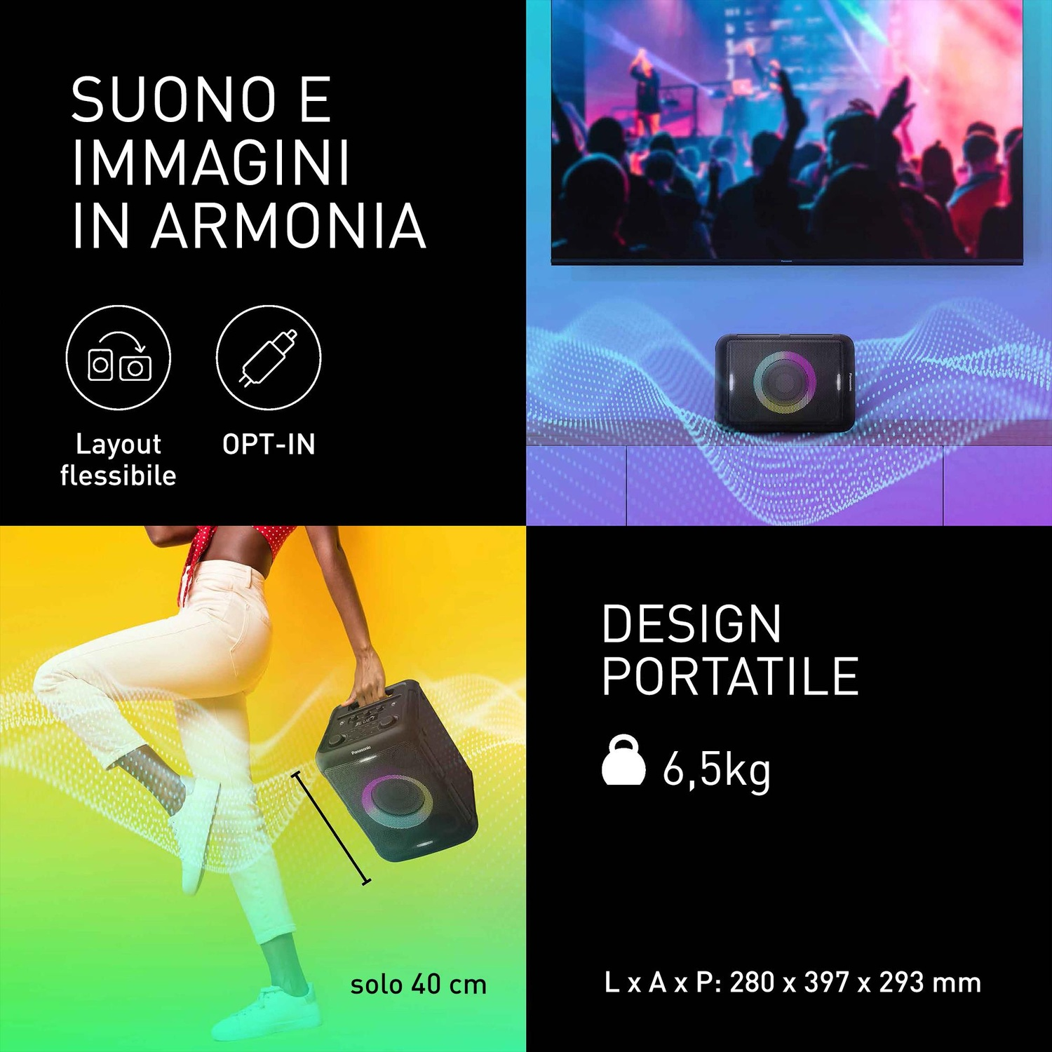 Una persona che tiene un altoparlante nero con un anello di luce colorato. La sovrapposizione di testo dice 'Suono e immagini in armonia' e 'Design portatile'.