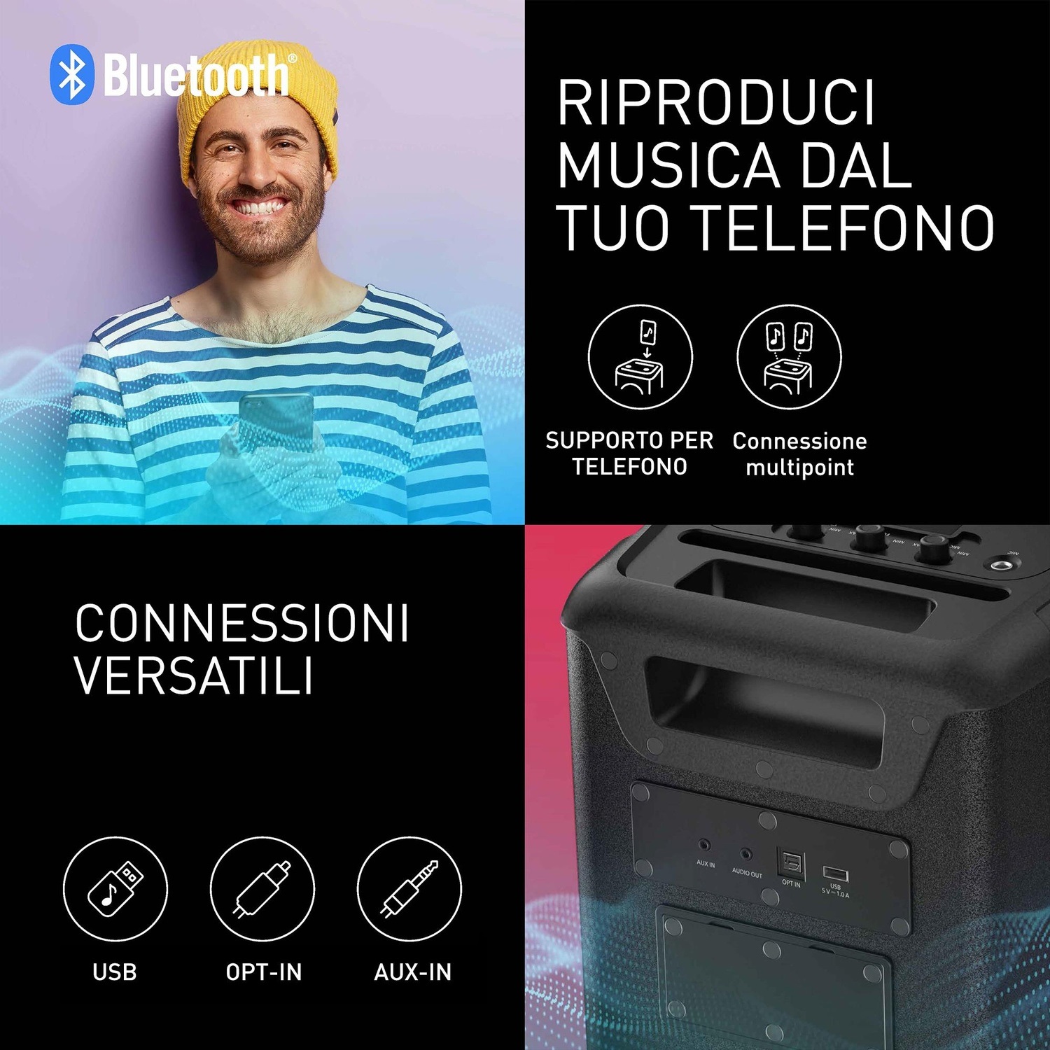 Un uomo con cappello giallo e maglia a righe sorride accanto a un altoparlante. L'immagine promuove le funzioni Bluetooth e di connessione dell'altoparlante.