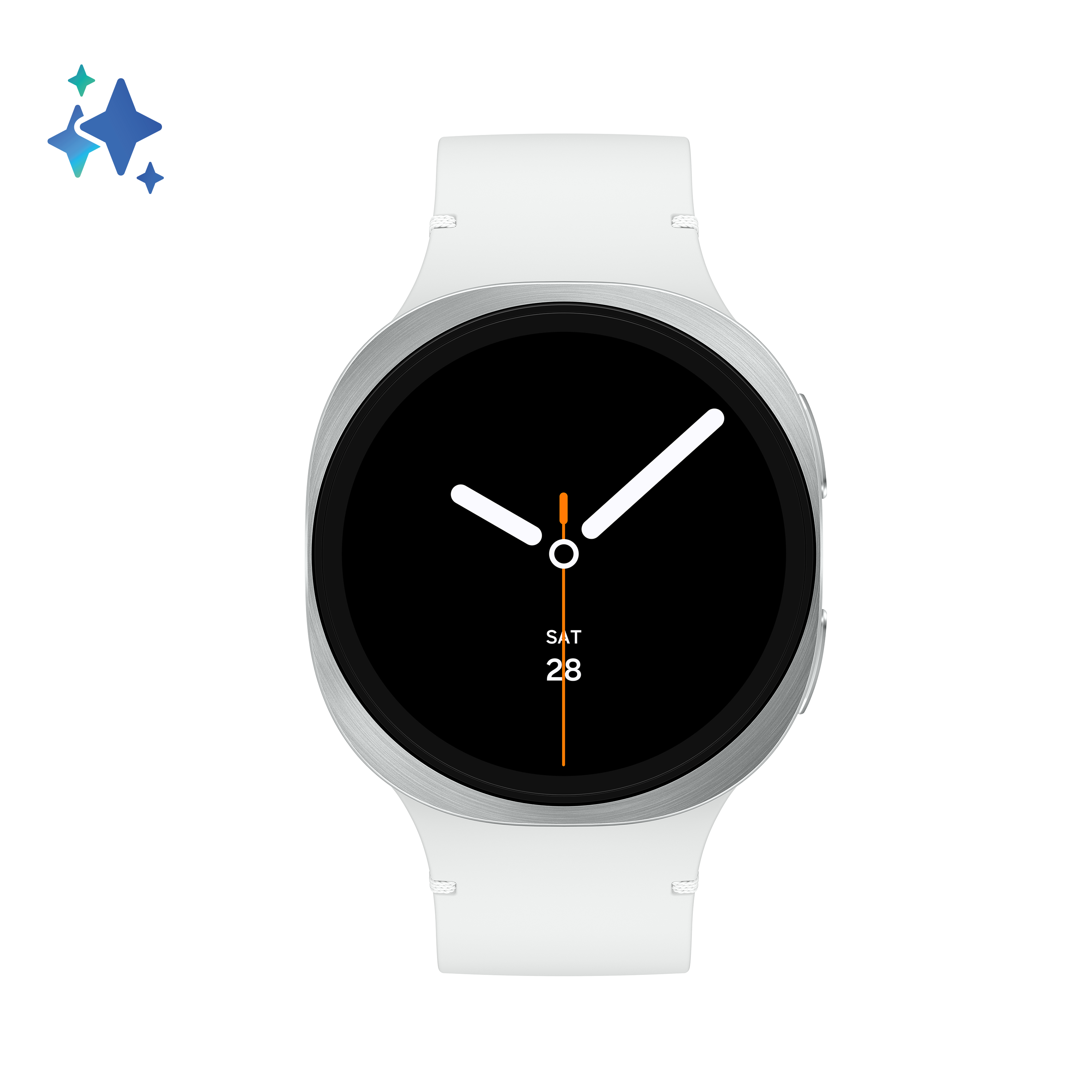 Biały smartwatch z czarnym ekranem pokazującym datę i godzinę. Pasek jest biały, a tło czarne.