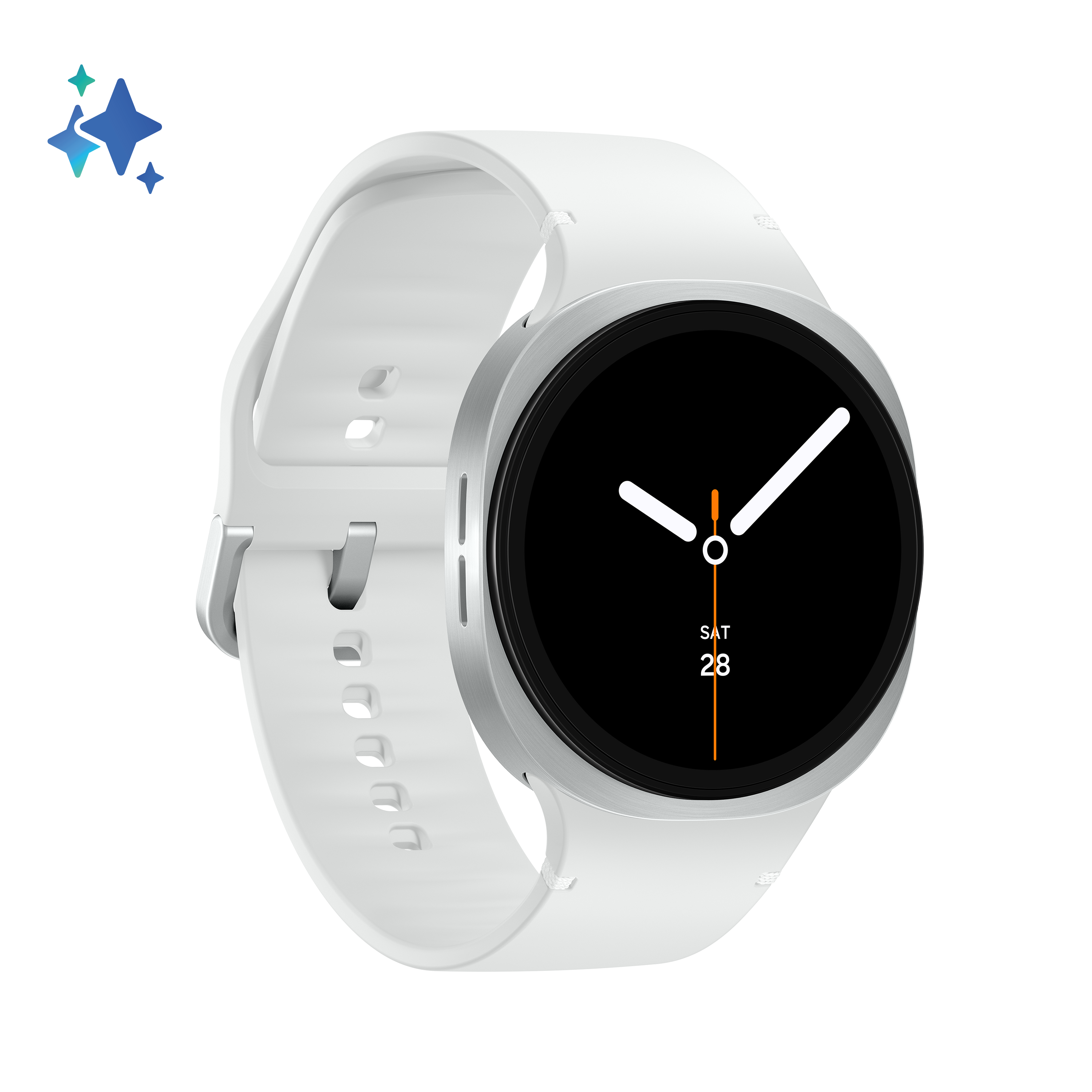 Biały smartwatch z czarnym ekranem pokazującym datę. Ma biały pasek i srebrną ramkę, na czarnym tle.