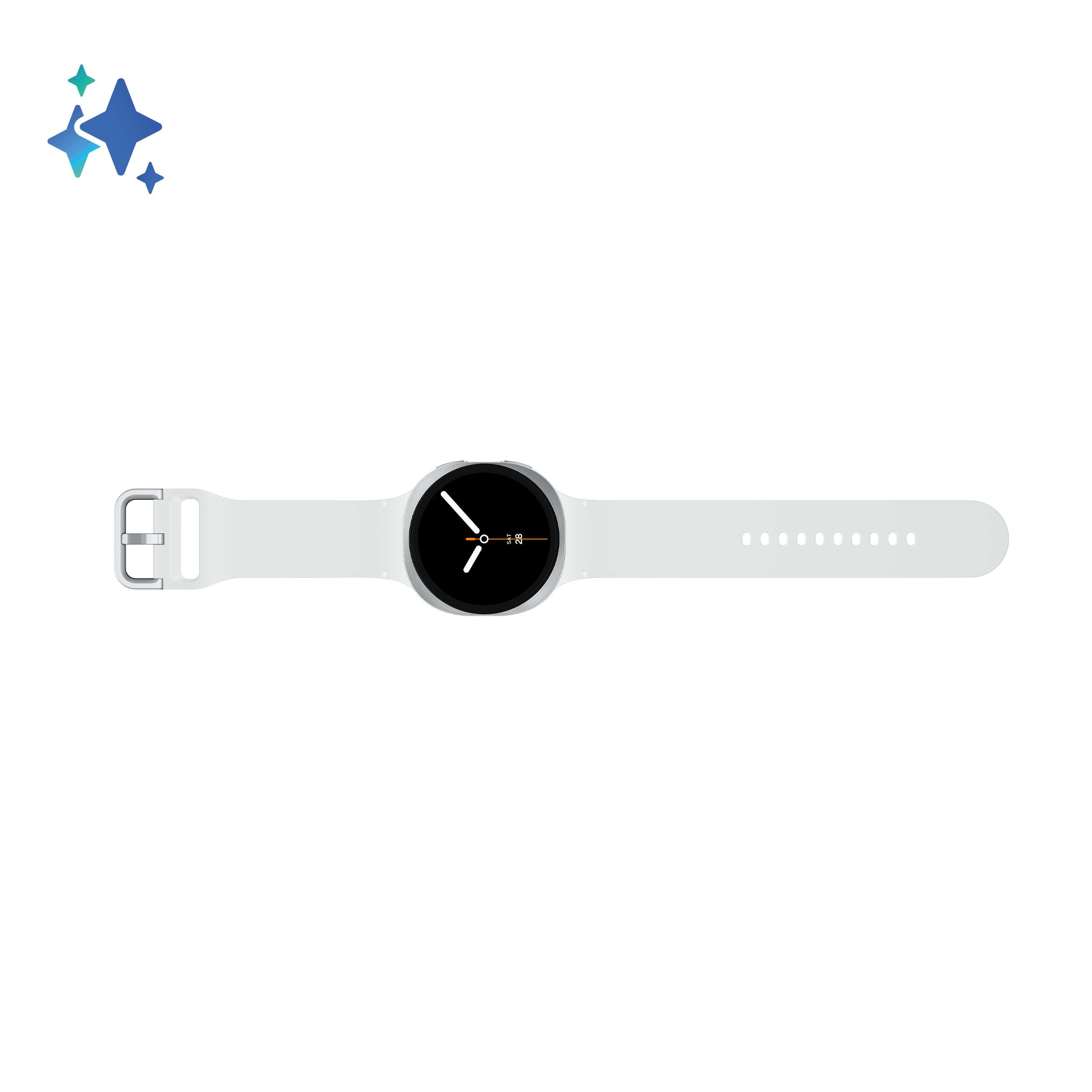 Biały smartwatch z czarną tarczą wyświetla godzinę. Ma biały pasek z dziurkami.