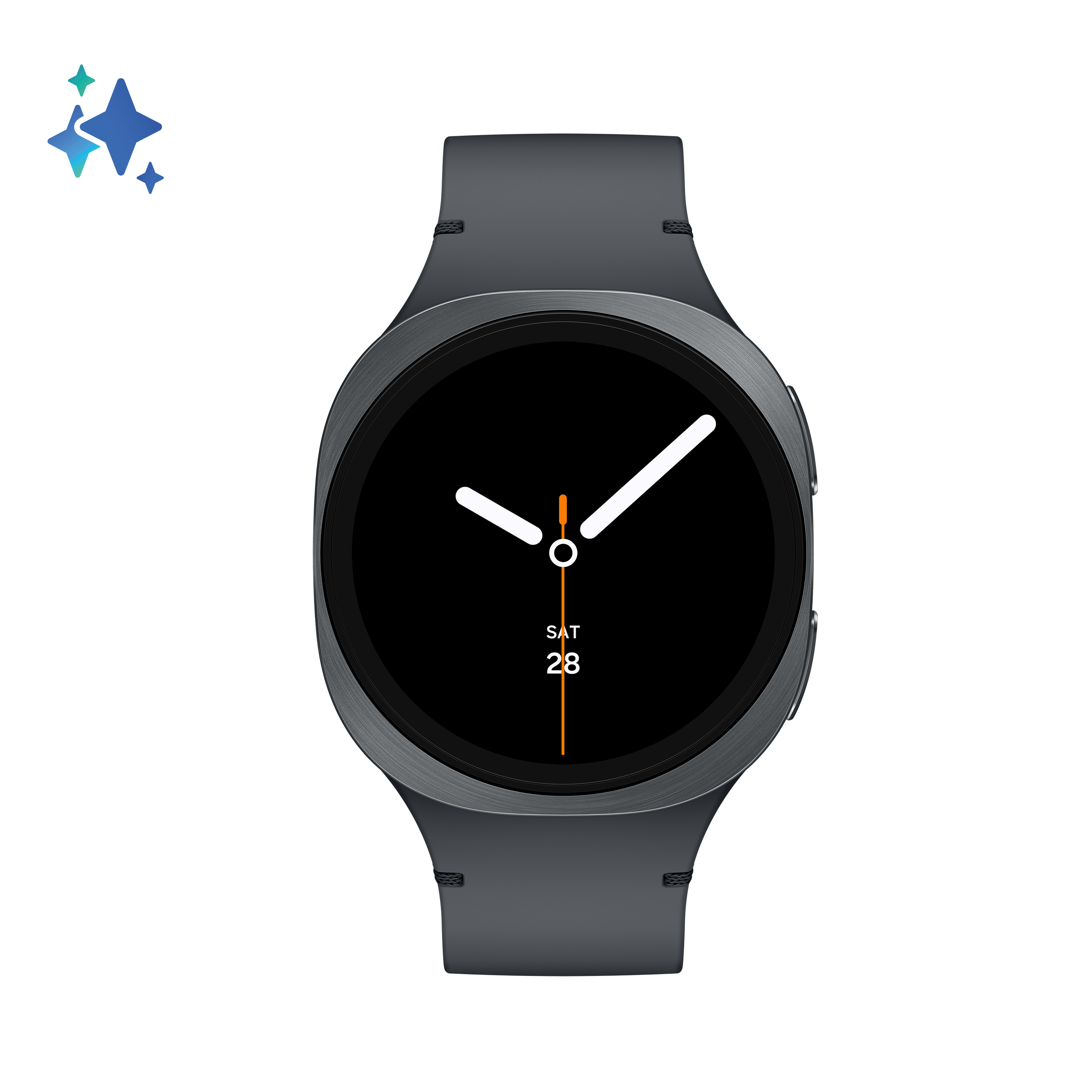 Ciemnoszary smartwatch z czarną tarczą. Zegarek pokazuje godzinę i datę (sob 28). Tło jest czarne.