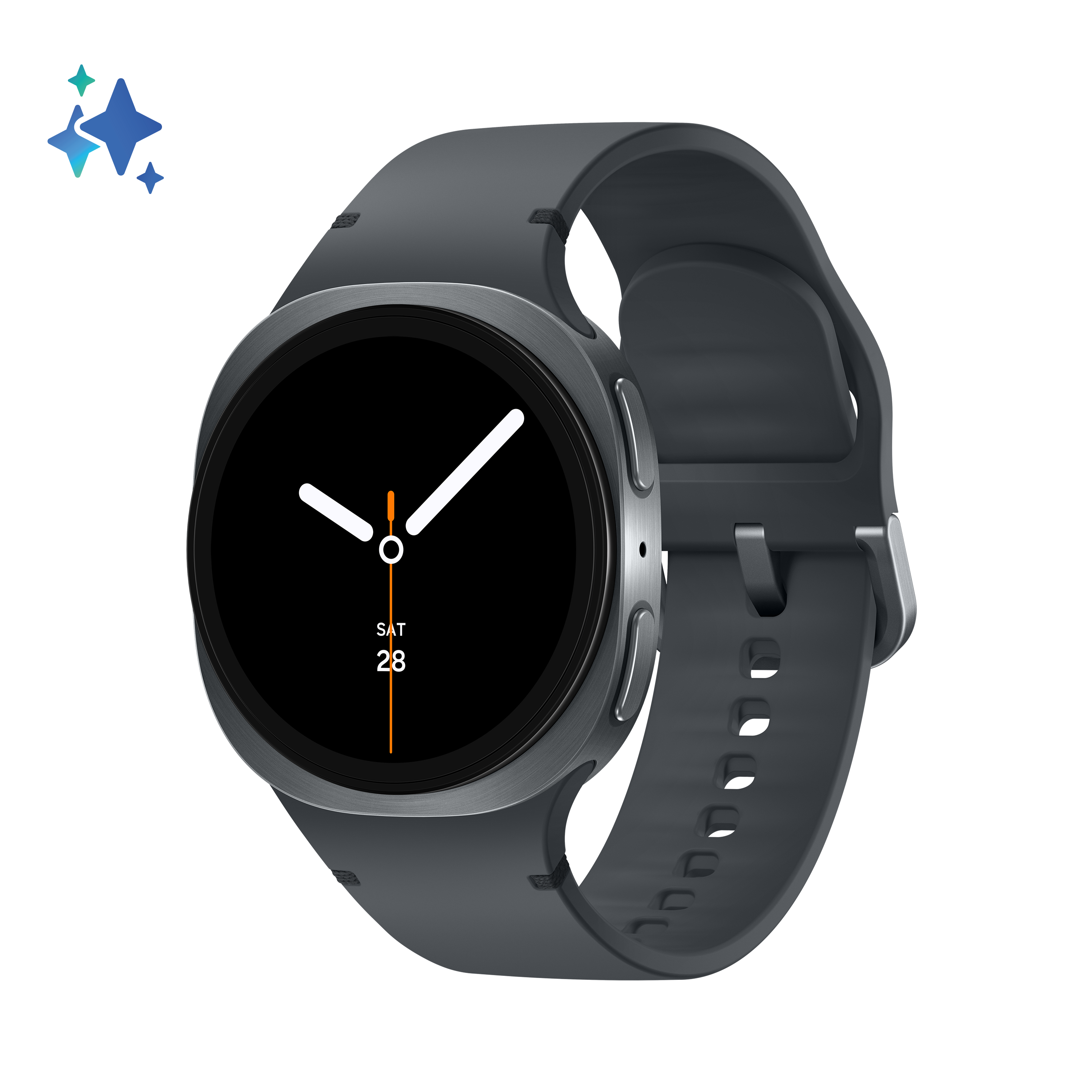 Ciemnoszary smartwatch z czarnym wyświetlaczem pokazującym datę. Pasek jest szary, a tło czarne.