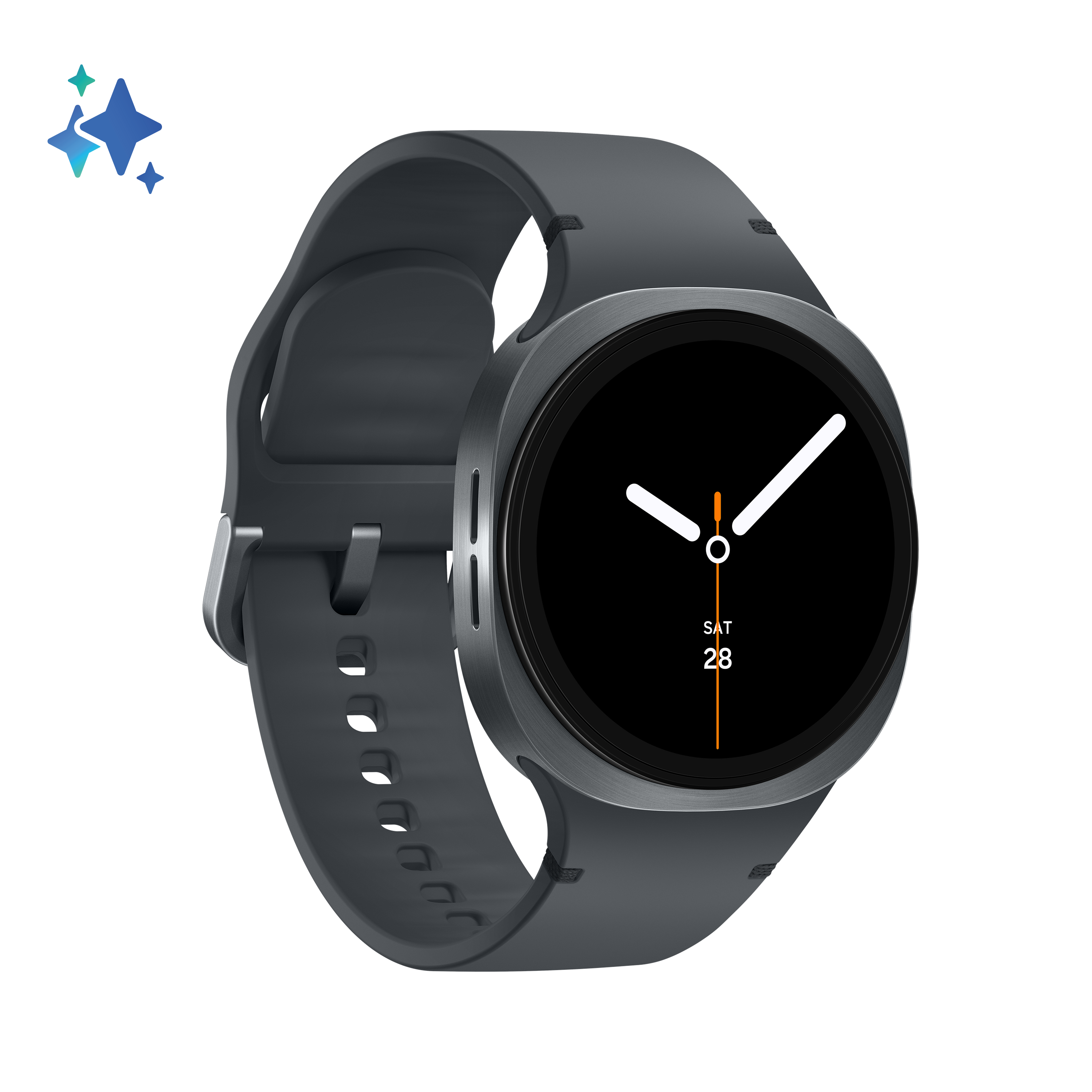 Ciemnoszary smartwatch z czarnym wyświetlaczem pokazującym datę. Zegarek ma ciemnoszary pasek i srebrną ramkę.