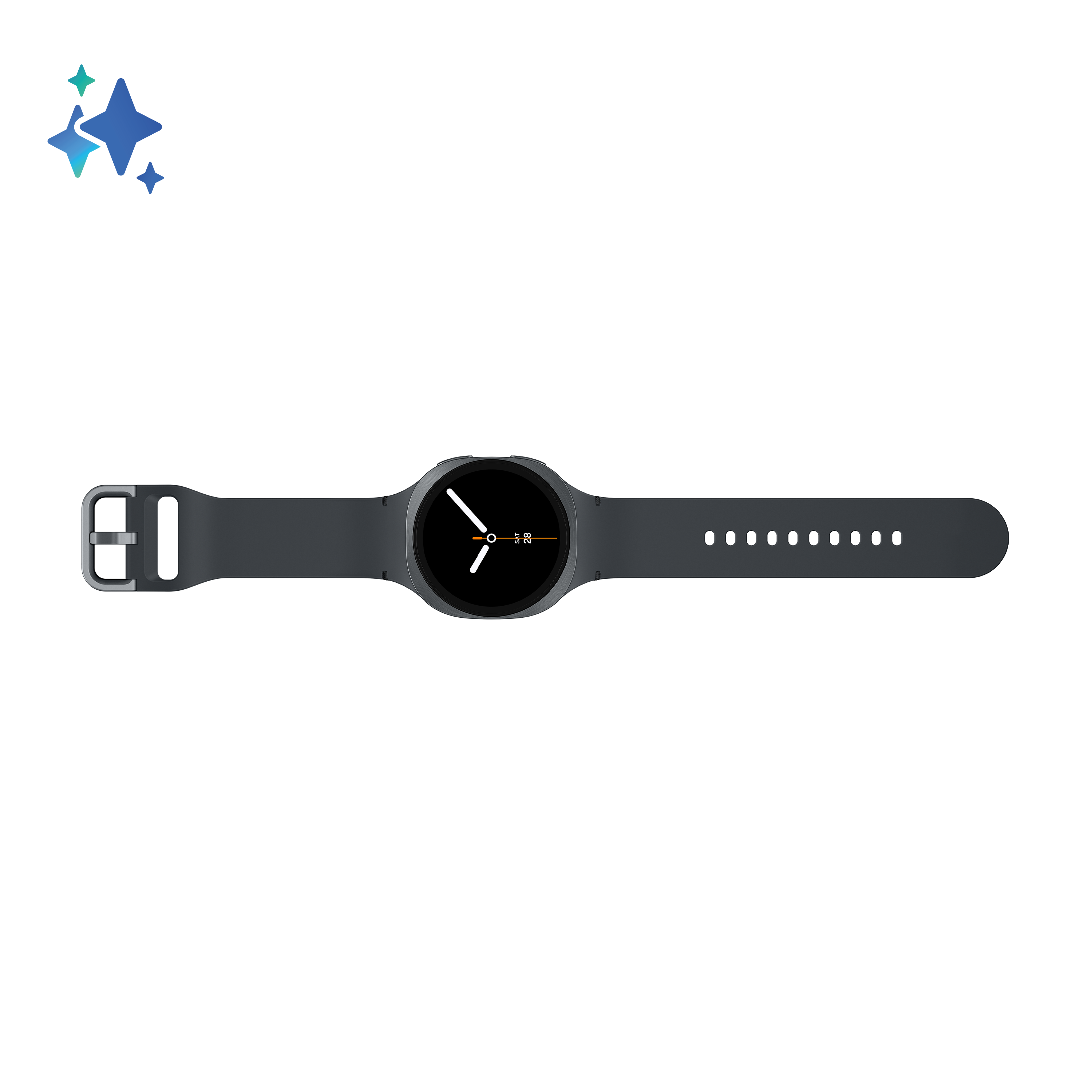 Szary smartwatch leży poziomo na czarnym tle. Tarcza pokazuje godzinę. Pasek ma dziury.