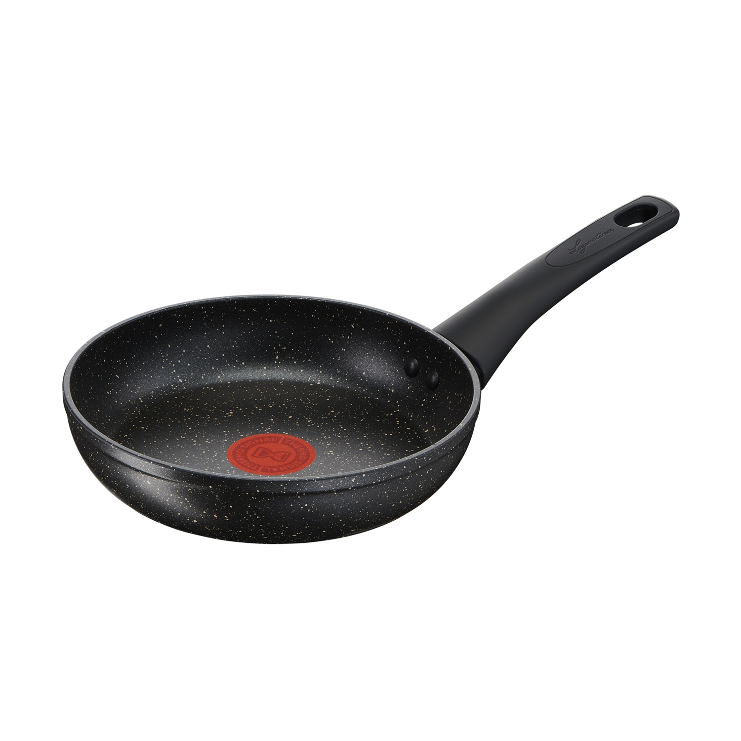 Una padella Lagostina nera con un lungo manico nero. Ha un interno maculato e un logo rosso al centro.