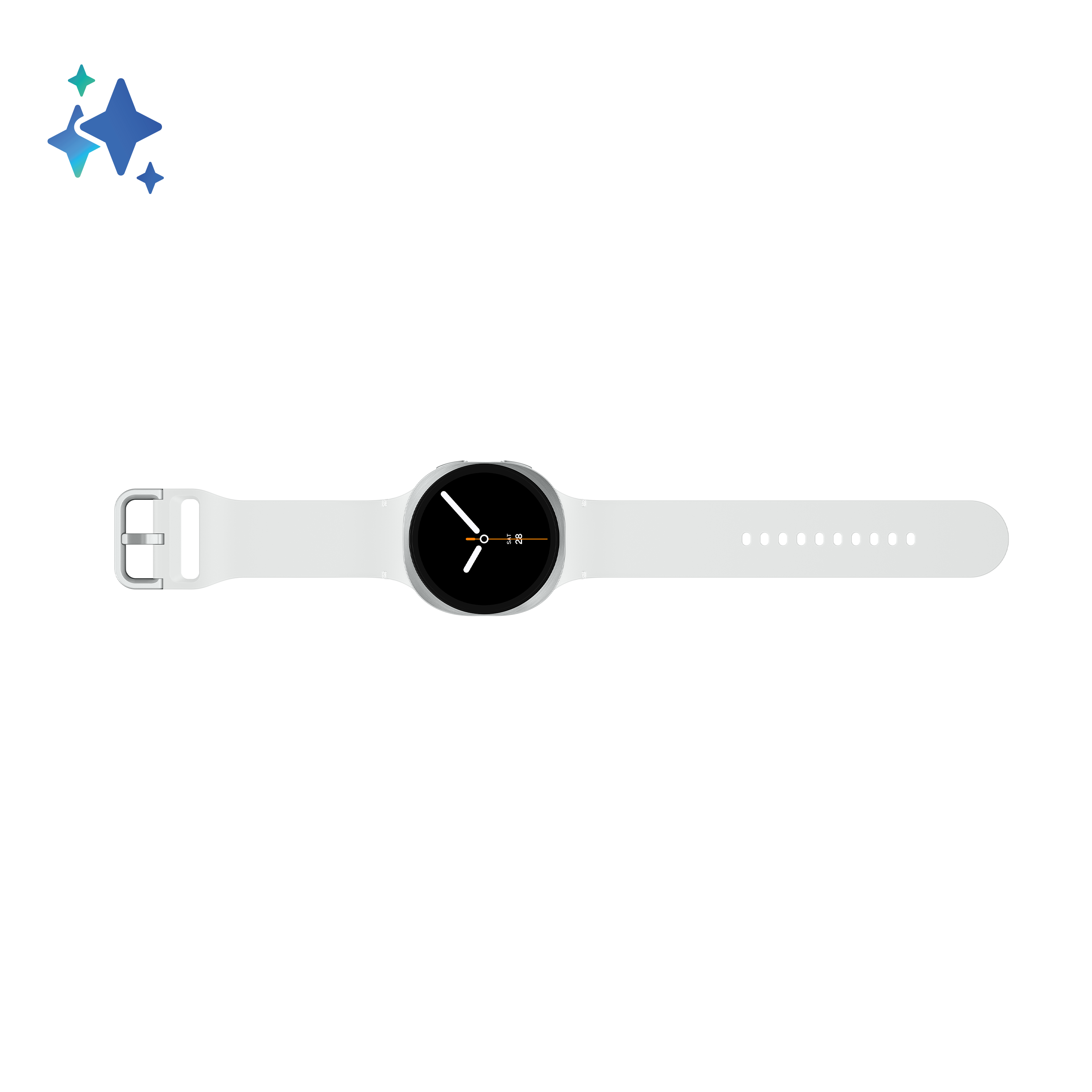 Biały smartwatch z czarną tarczą na czarnym tle. Zegarek ma biały pasek i klamrę.