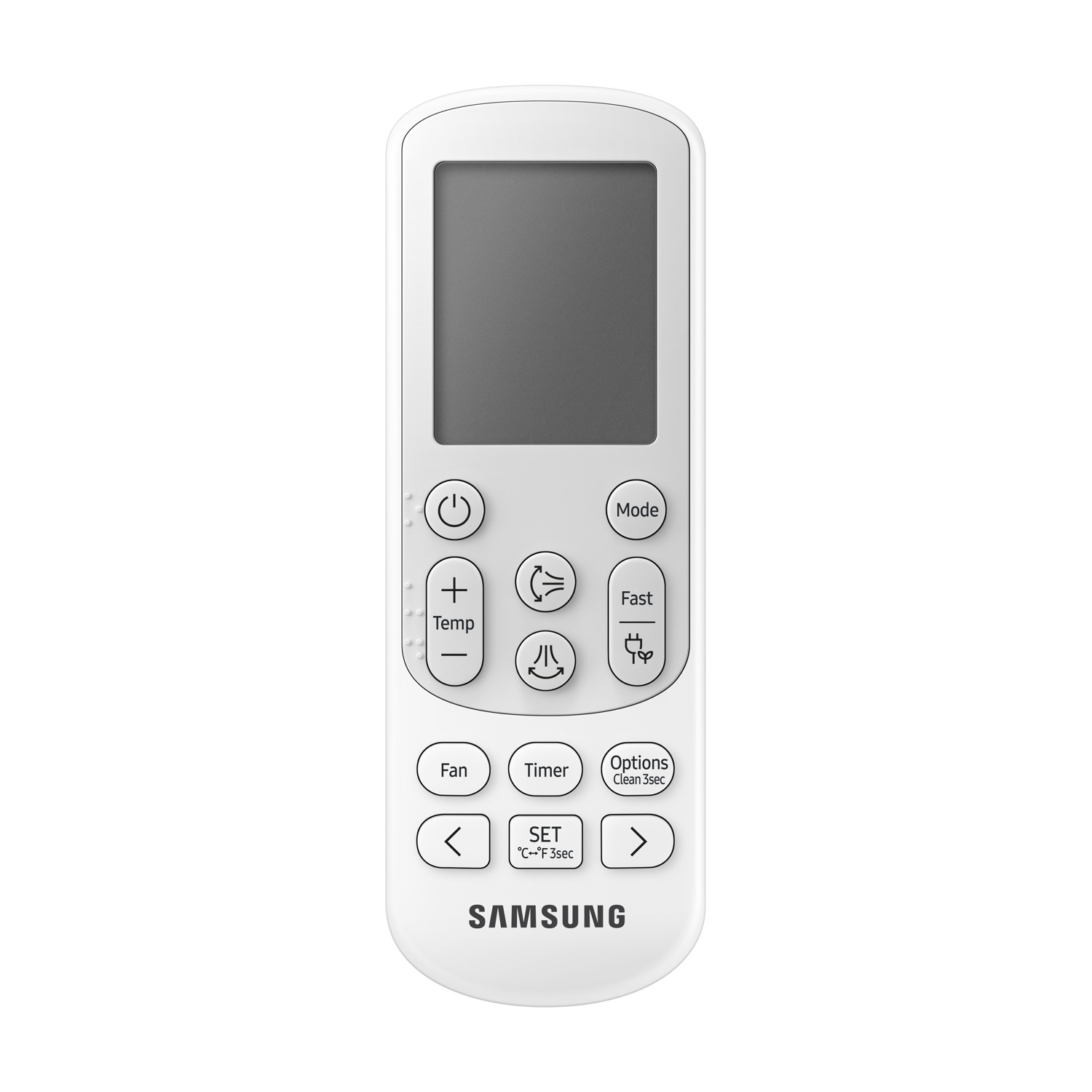 Telecomando bianco Samsung per condizionatore. Pulsanti includono accensione, modalità, ventola, timer, controllo temperatura e altro. Schermo nero.