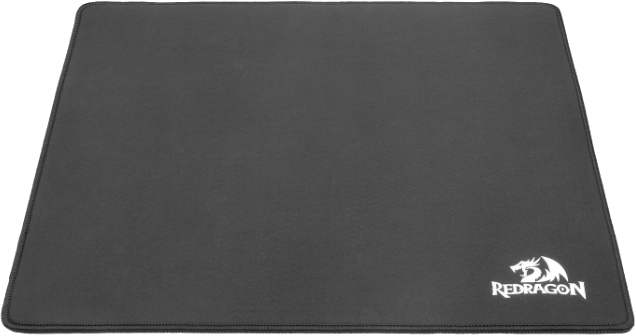 Czarna, prostokątna podkładka pod mysz Redragon. Ma szytą krawędź i logo Redragon w kolorze białym w prawym dolnym rogu.