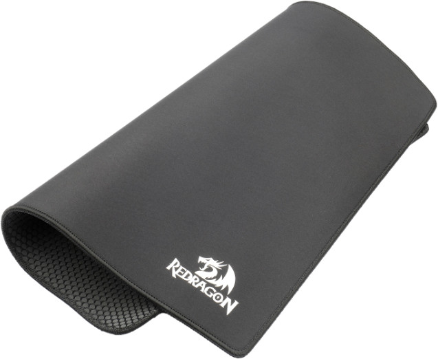 Czarna podkładka pod mysz Redragon. Podkładka jest prostokątna z teksturowaną krawędzią i białym logo marki.
