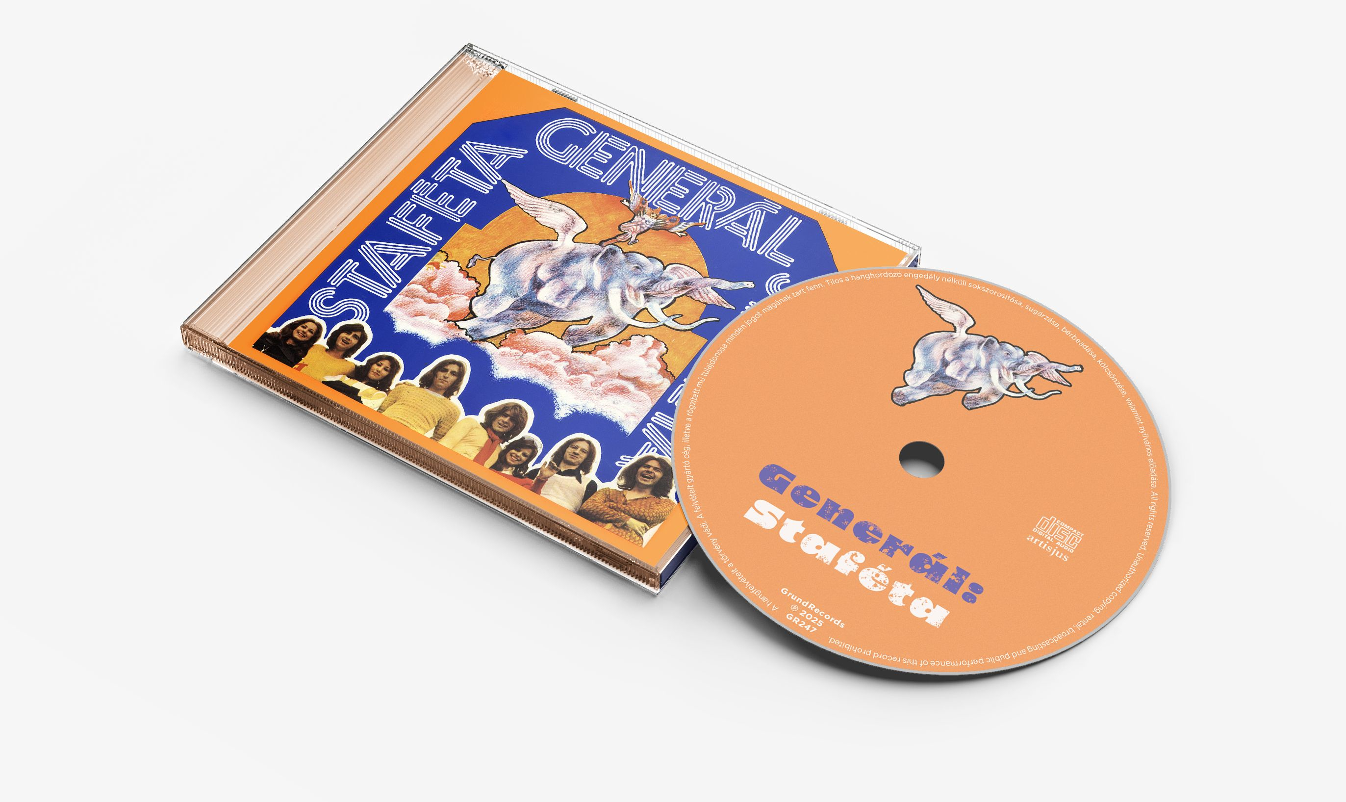 CD-tok repülő elefánt illusztrációval. A CD narancssárga szöveggel. Az album címe: "Generál: Staféta".