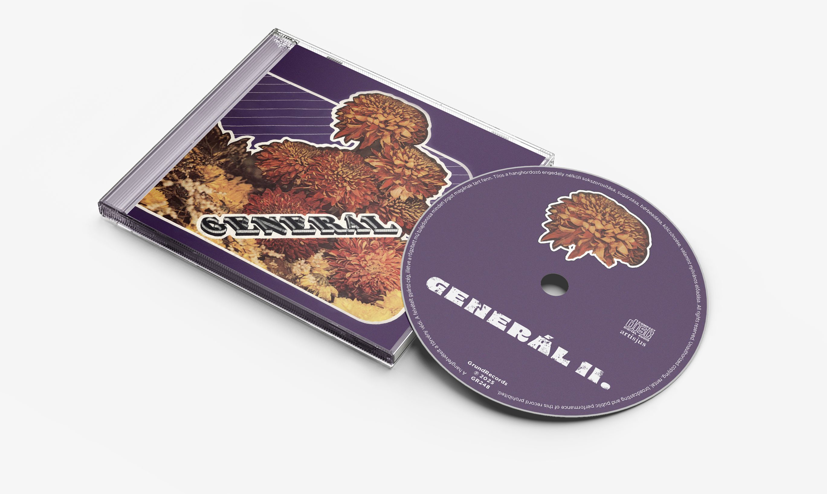 CD tok virágokkal, lila 'GENERAL II' lemez és szöveg. Fehér háttér. A tok kissé nyitva van.