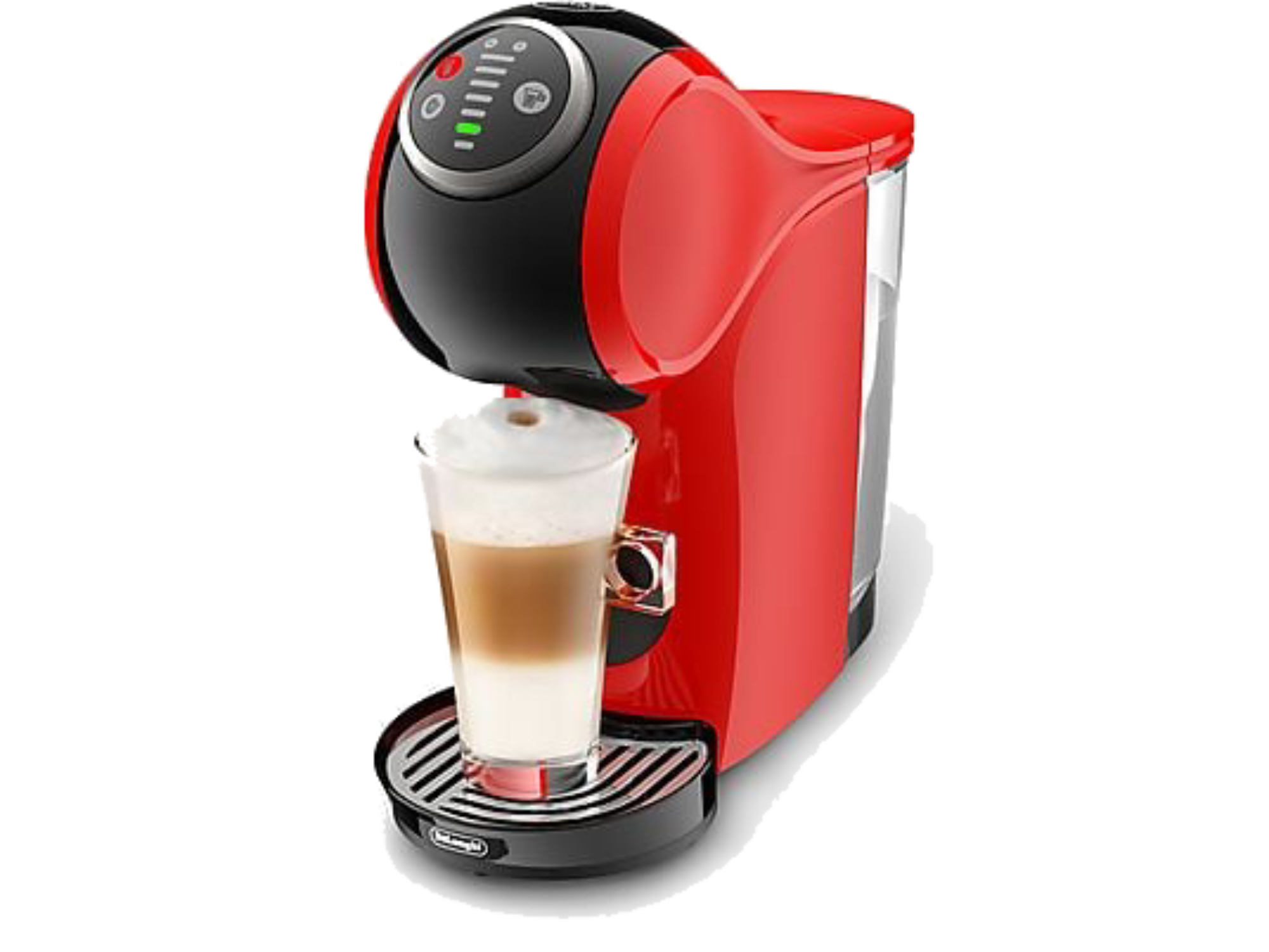 Una cafetera roja y negra con un vaso de latte macchiato en una bandeja. La máquina está haciendo café.